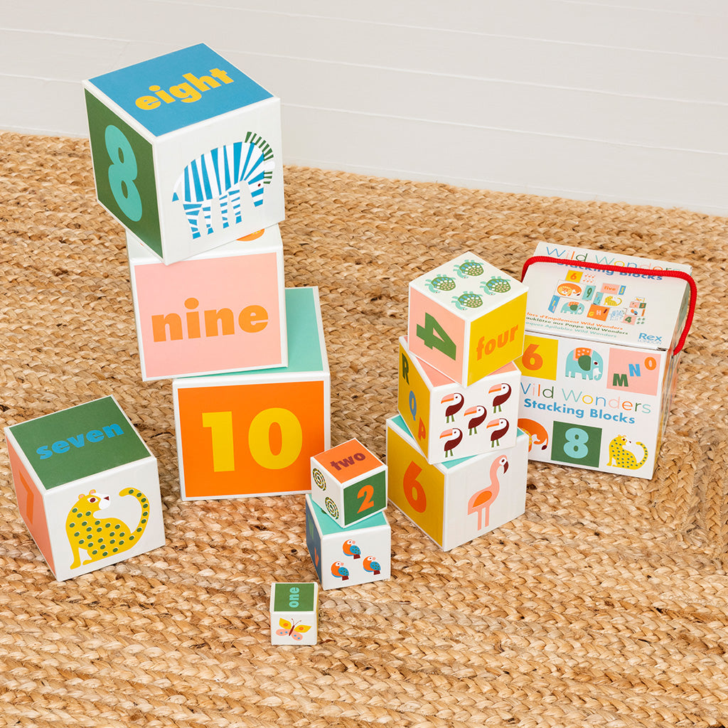 Boost coordination with these colourful children’s stacking blocks. Includes ten durable cubes with animals and letters that nest for compact storage.