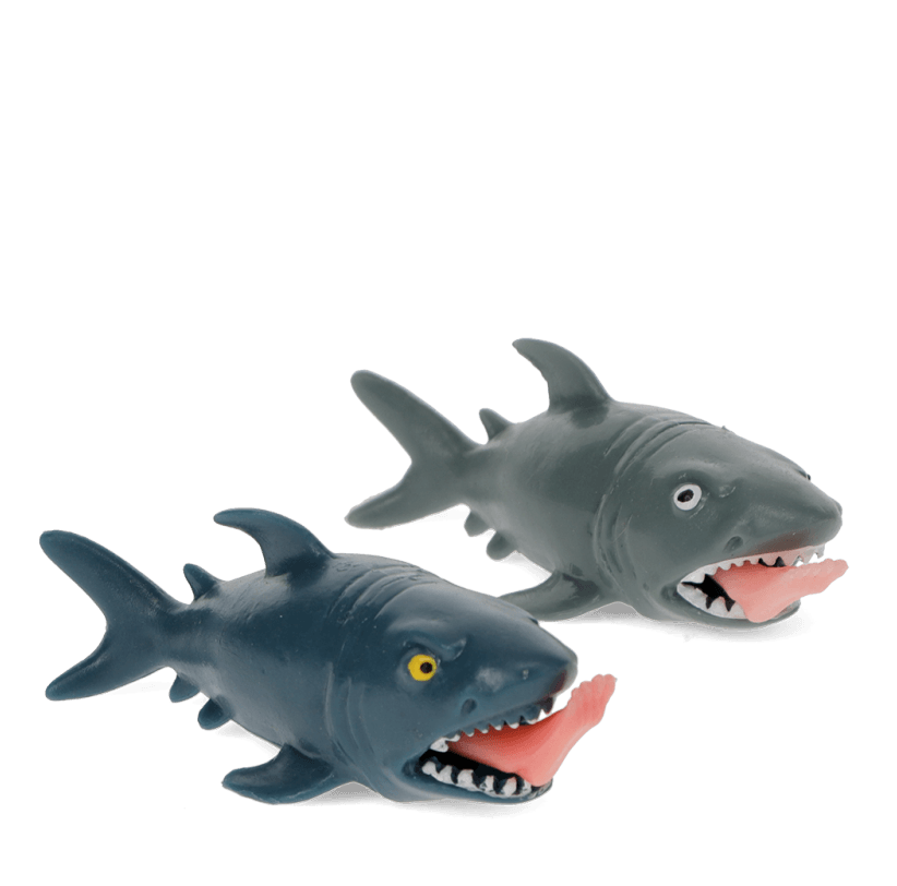 Two toy sharks on a white background