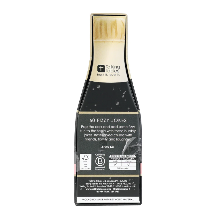 Tasting Tables Fizzy Jokes bottle packaging with text on a white background