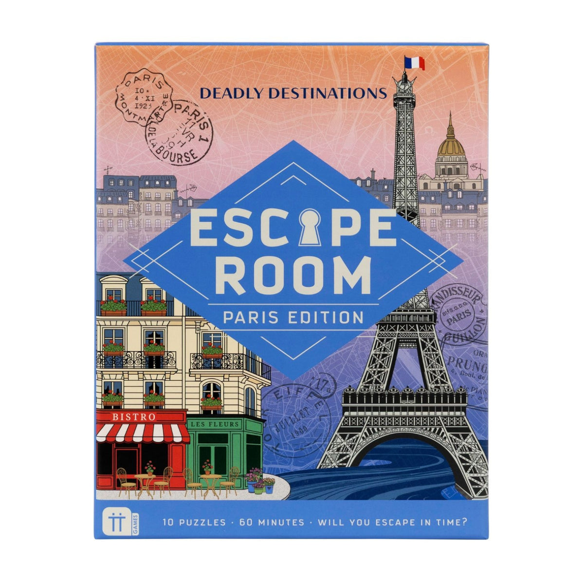 A close-up product shot of the front packaging on a white background, highlighting the vintage Parisian artwork, 90-minute duration icon, and 1–6 player specs.