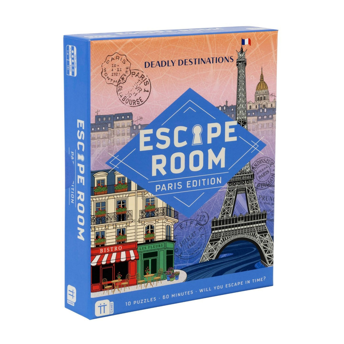 A boxed puzzle game titled "Escape Room Paris Edition" from the series "Deadly Destinations," shown at a slight angle on a plain white background. The box features a blue border and a colorful illustrated front with Paris landmarks, storefronts, and postmark graphics.