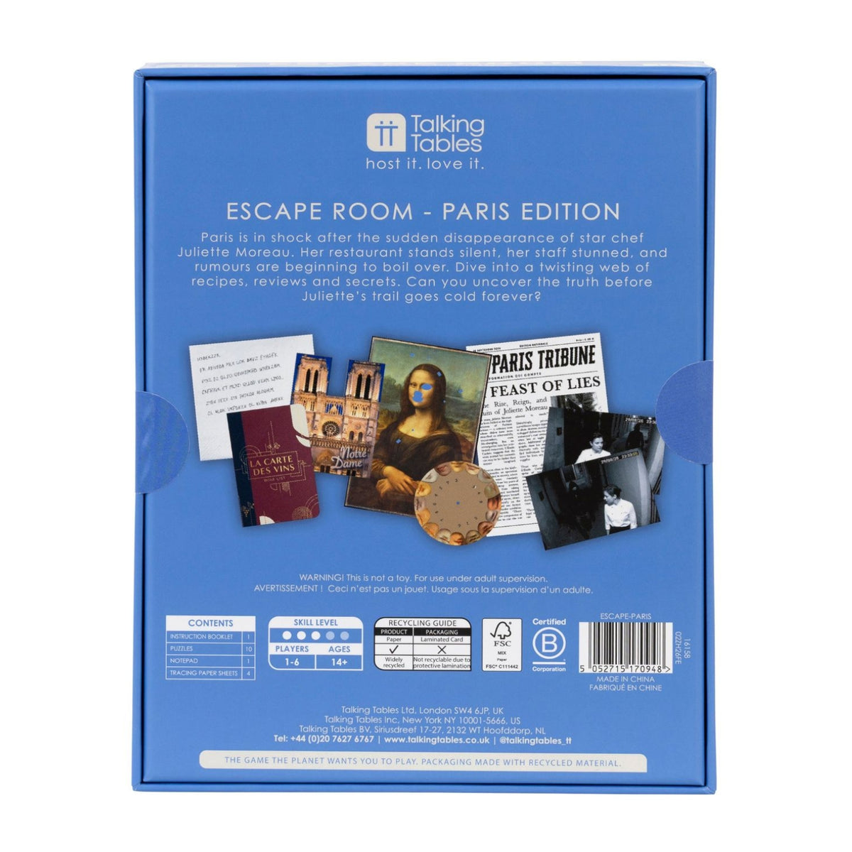 The back of the blue box for Talking Tables Escape Room - Paris Edition, showing product details, ingredients, age rating, and a barcode.