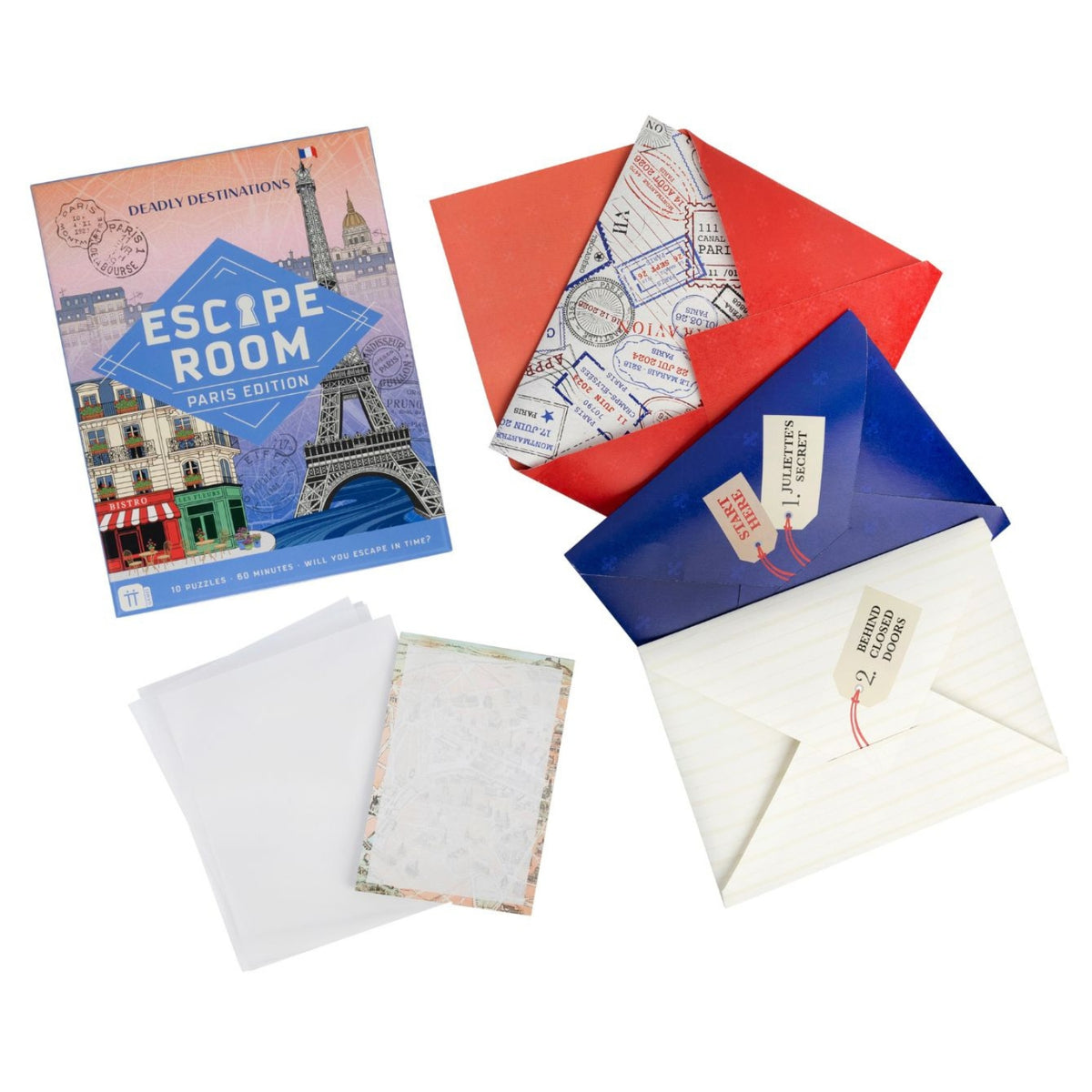 Escape Room Paris Edition product shot on a clean white background showcasing the complete contents, including the instruction booklet, 10 puzzles, case notepad, and tracing paper sheets.