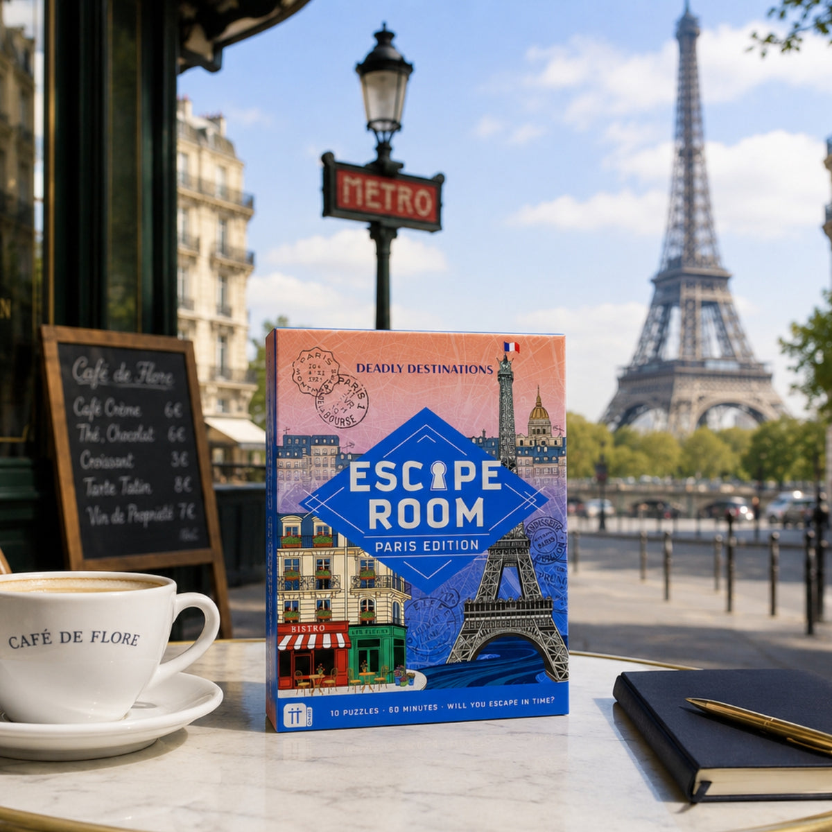 A boxed puzzle game called "Escape Room Paris Edition" stands on a cafe table outdoors, with the Eiffel Tower and Paris street scene in the background. A white coffee cup with "Café de Flo" is on the left, and a notebook with a pen is on the right.