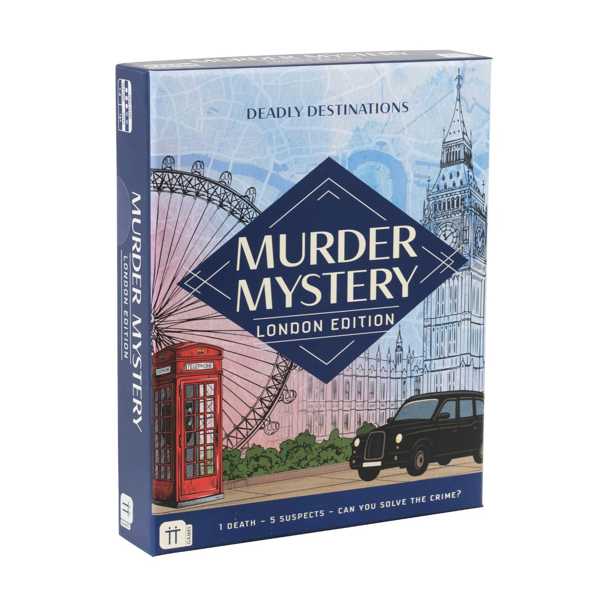 The board game box for 'Murder Mystery: London Edition' from the 'Deadly Destinations' series. The packaging features a blue and white design with illustrations of London landmarks, including Big Ben, the London Eye, a red telephone booth, a black cab, and a vintage car.