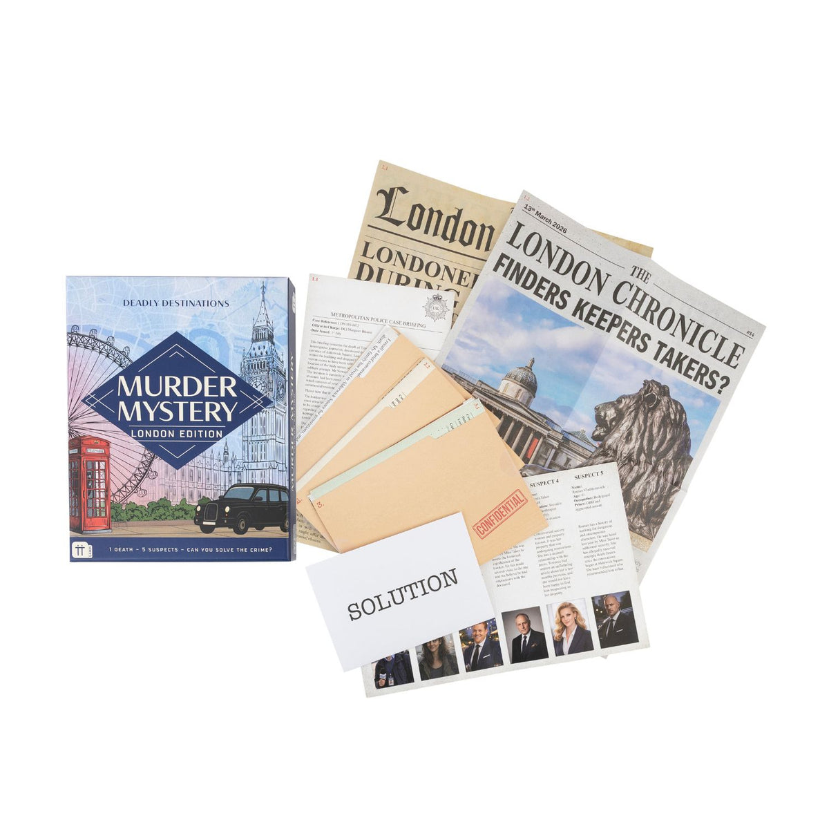 A London-themed mystery game set on a white background, featuring a blue box labeled 'Murder Mystery London Edition,' several newspaper clippings with London headlines, envelopes, a card reading 'Solution,' and printed evidence sheets.