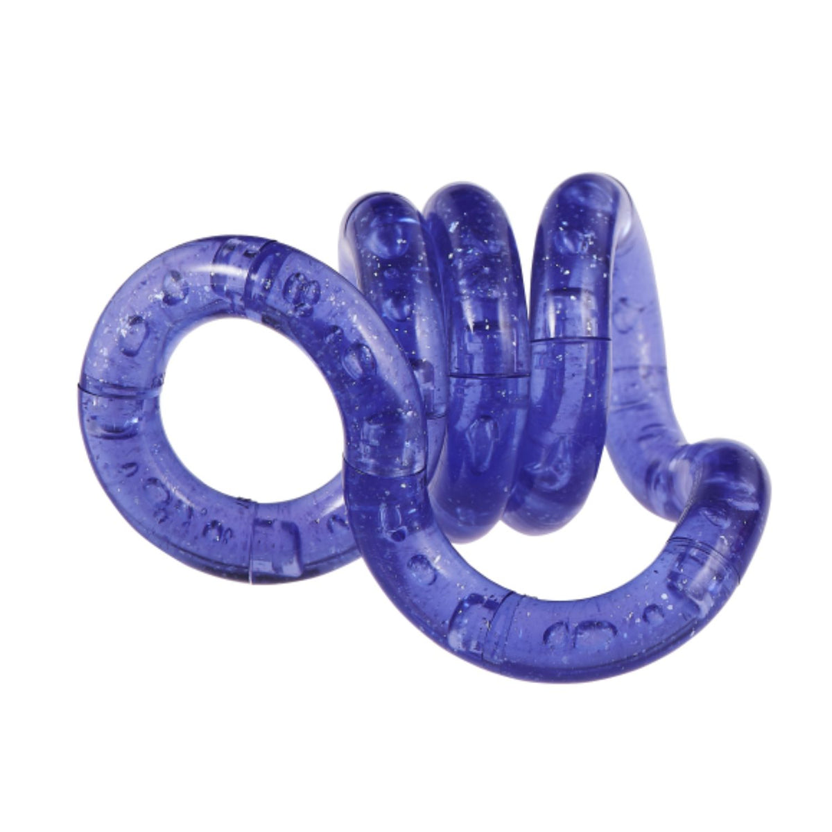 Tangle Crush coiled tightly, displaying a rich blend of deep purple plastic packed with intense silver starry glitter.
