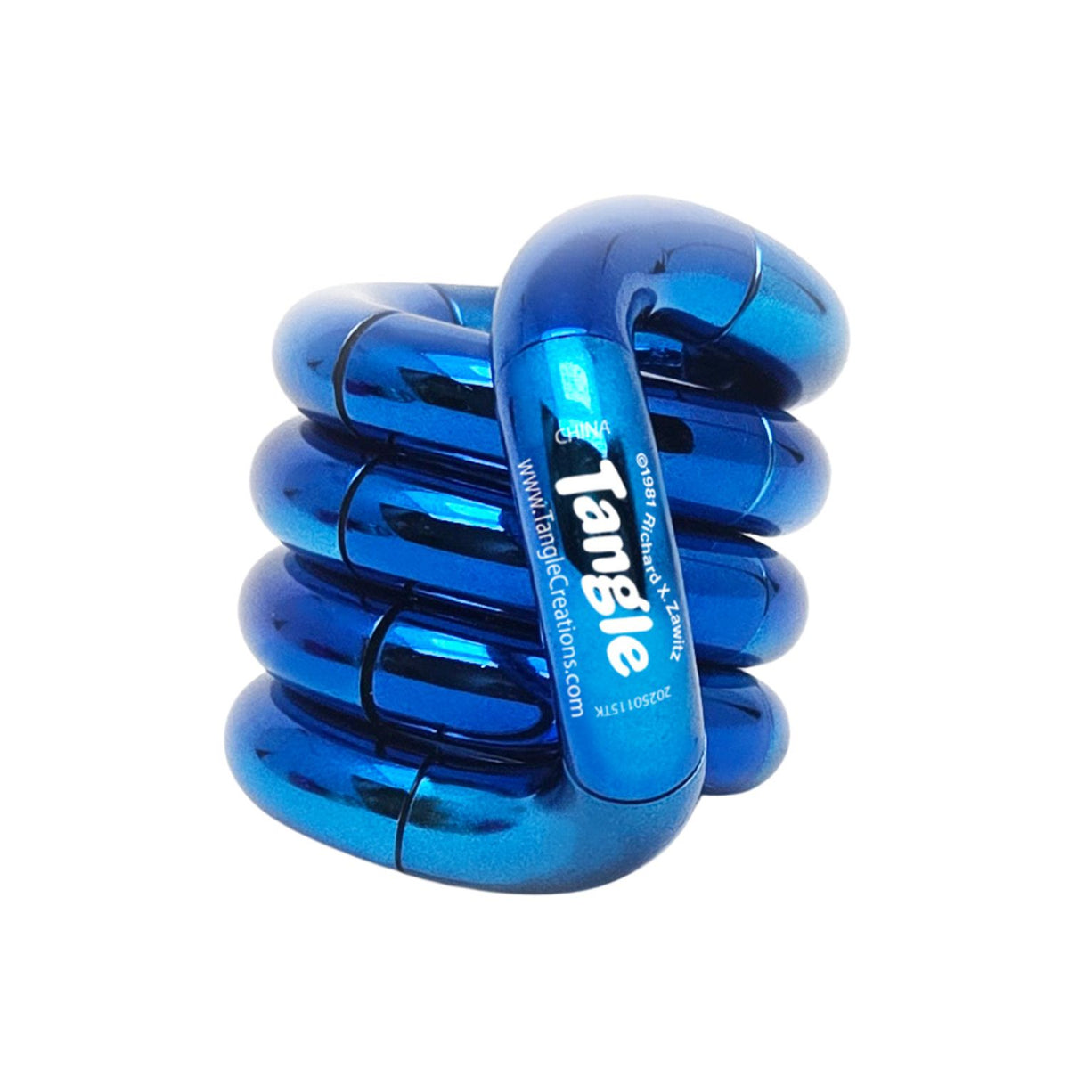 The Metallic Blue Tangle coiled into a tight circle, showcasing the smooth, polished blue metallic sections, capturing the therapeutic, satisfying flow of the premium design.