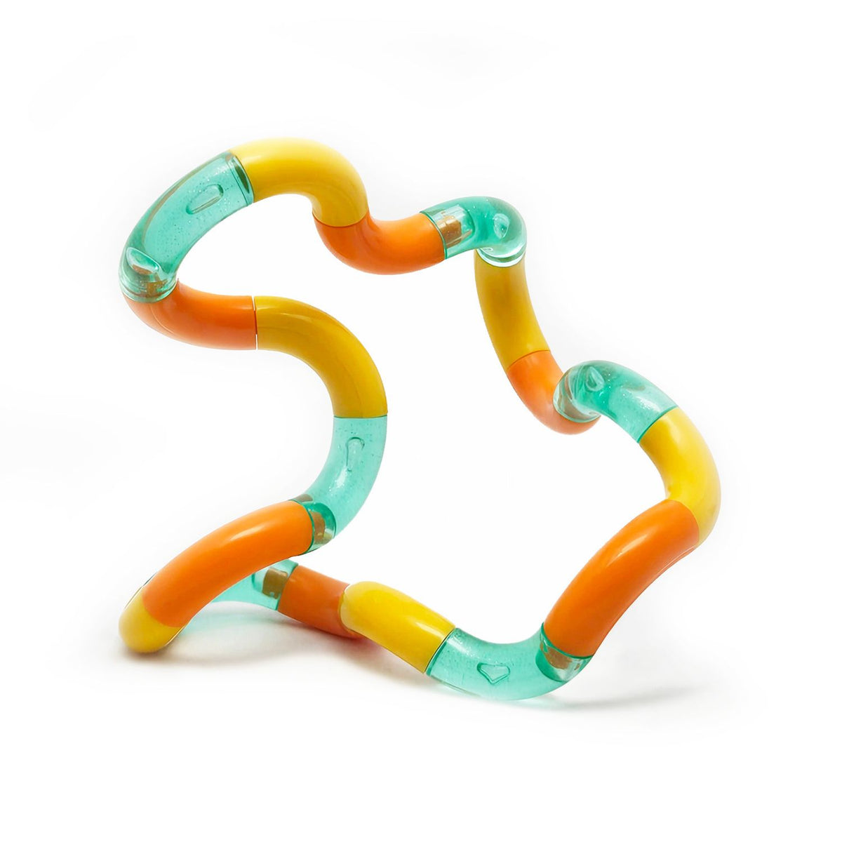 Tangle Classic toy in the Mango colorway showcasing its signature smooth plastic segments in a vibrant mix of sunny yellow, light green glitter and bright tropical orange.