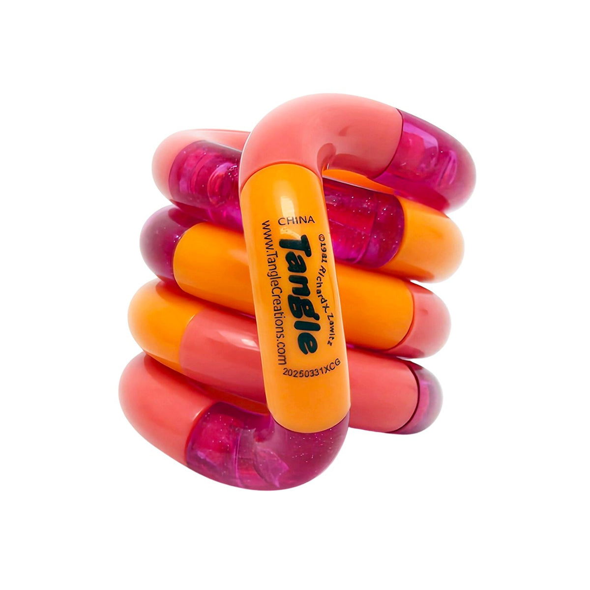 The Passionfruit Tangle Classic, displaying a rich, deep aesthetic built from alternating warm glitter magenta and bright orange and pinky red segments.