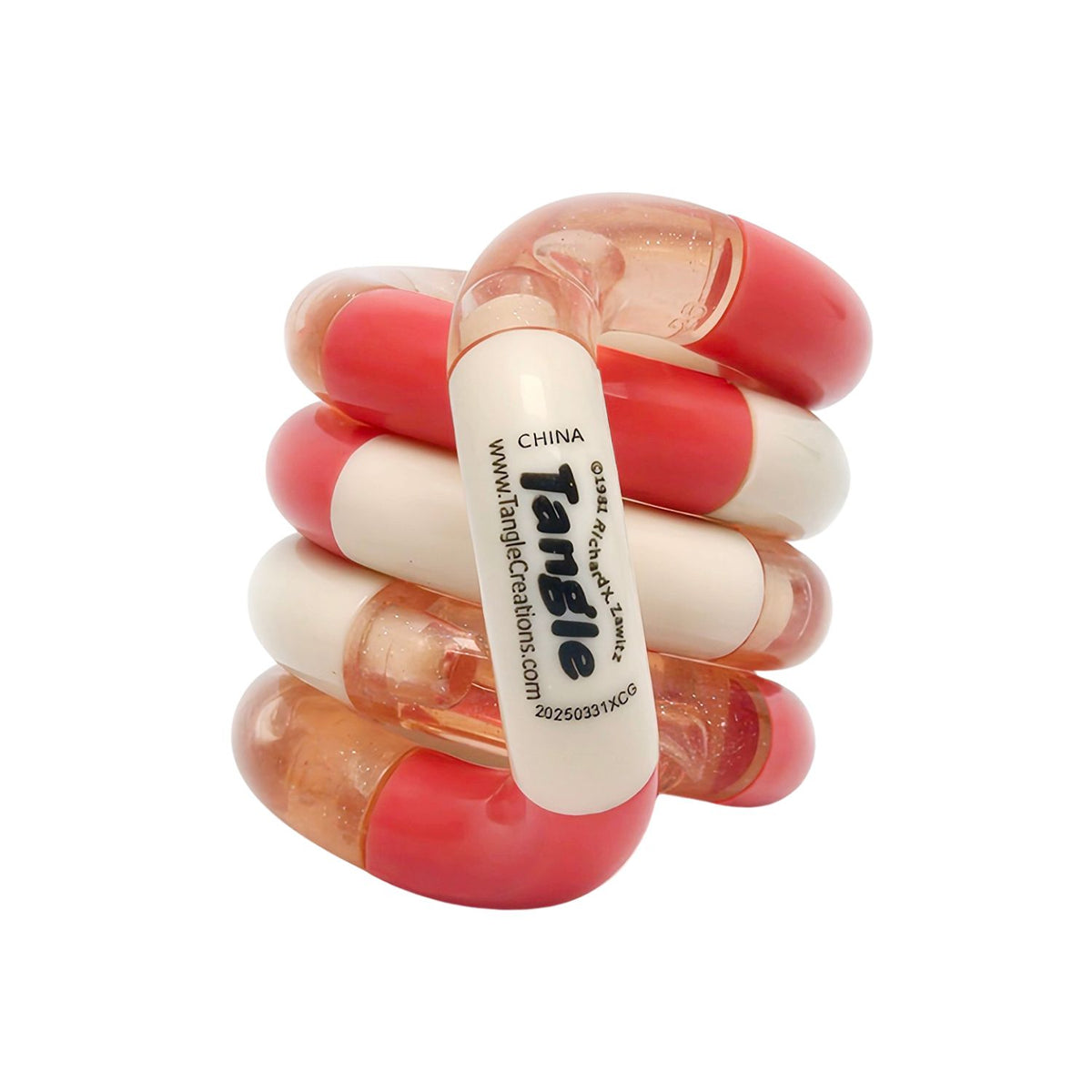 The Peach Tangle Classic displayed on a white background, showcasing a warm, calming palette of soft apricot orange glitter, bright orange red and smooth cream-colored segments.