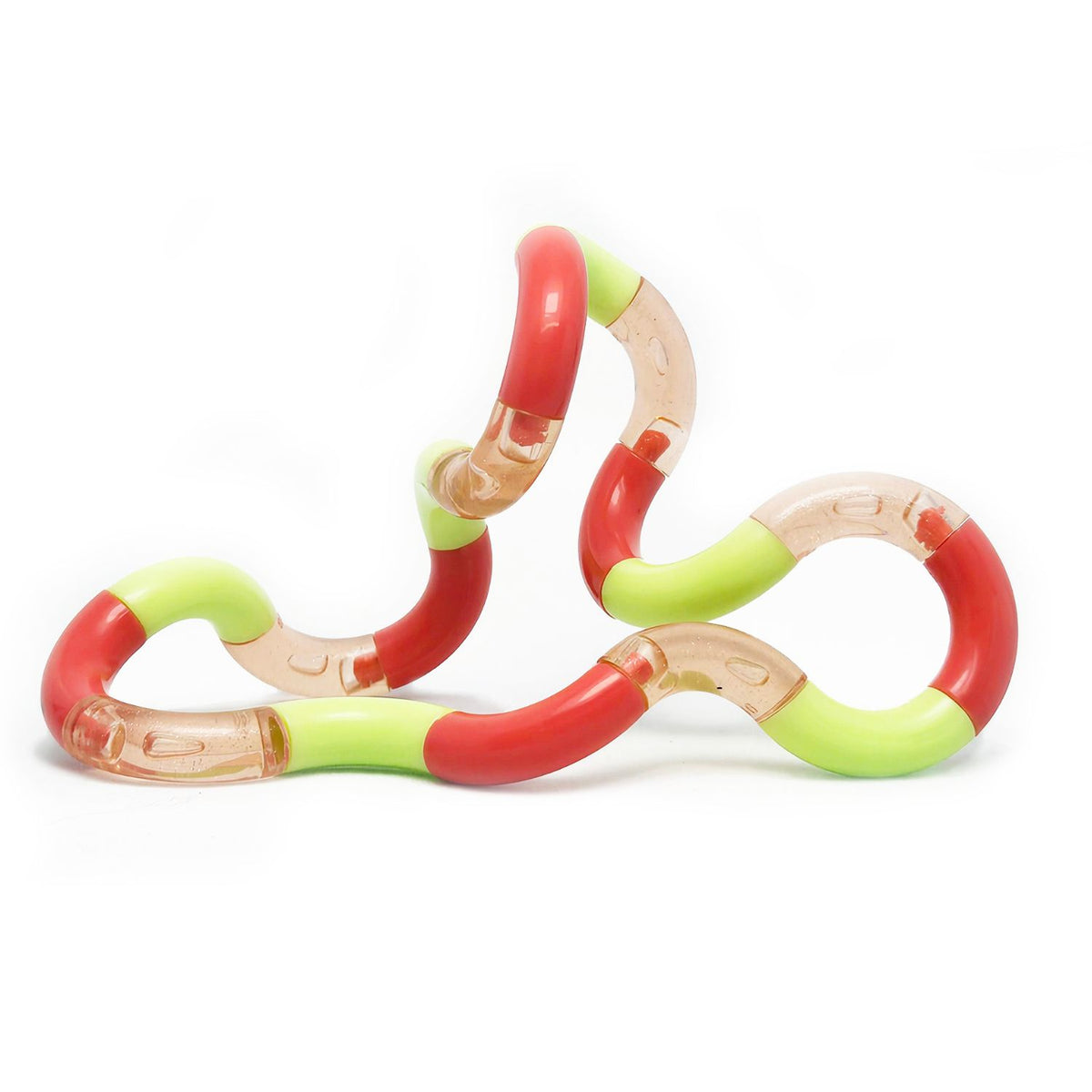 The Strawberry Tangle Classic arranged in a continuous loop, showcasing a striking, high-contrast combination of bold ruby red, lime green and gentle pastel pink glitter segments.