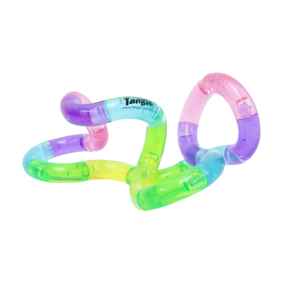The Rainbow Tangle Crush arranged in a continuous multi-colored loop, showcasing a seamless gradient transition through green, blue, pink and purple segments packed with sparkles.