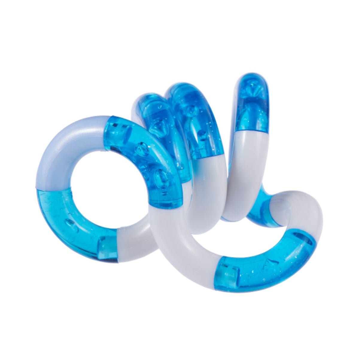 The Snow edition of the Tangle Crush sculpted into a wavy design, featuring frosted, translucent white segments and iridescent blue glitter sections that mimics fresh winter snow.