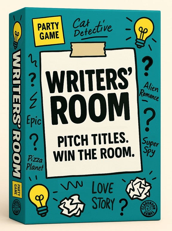 The Writers’ Room party game showcasing its bold, cinematic branding, vivid typography, and television-studio-inspired design.