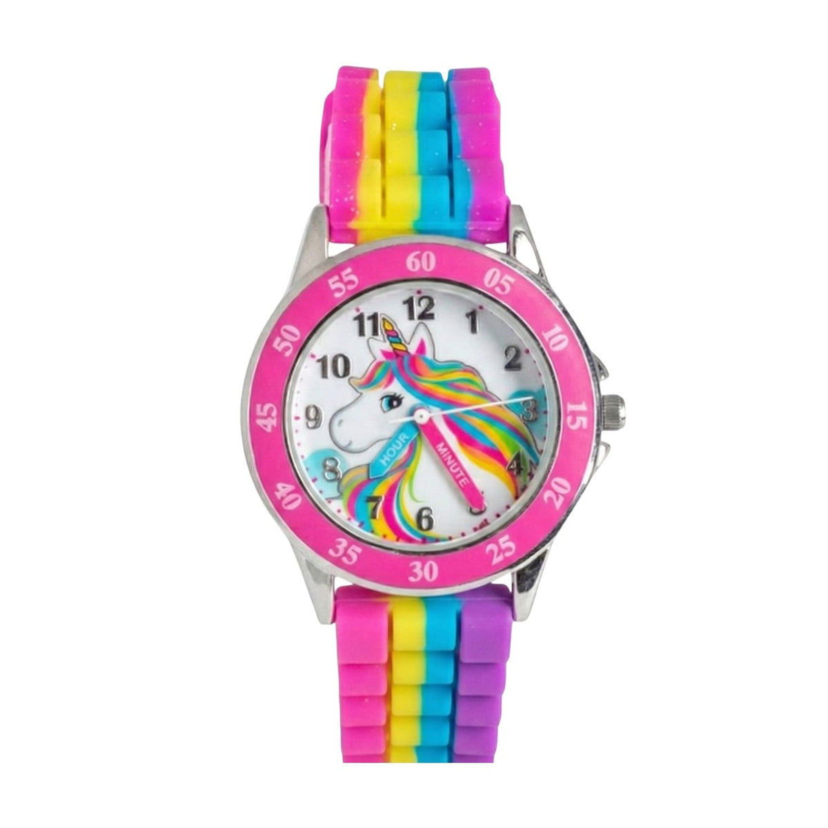 Unicorn kids time teacher watch with labelled hour and minute hands, multi-coloured strap and easy read analogue dial. A brilliant educational gift for kids, helping build confidence while learning an essential life skill.
