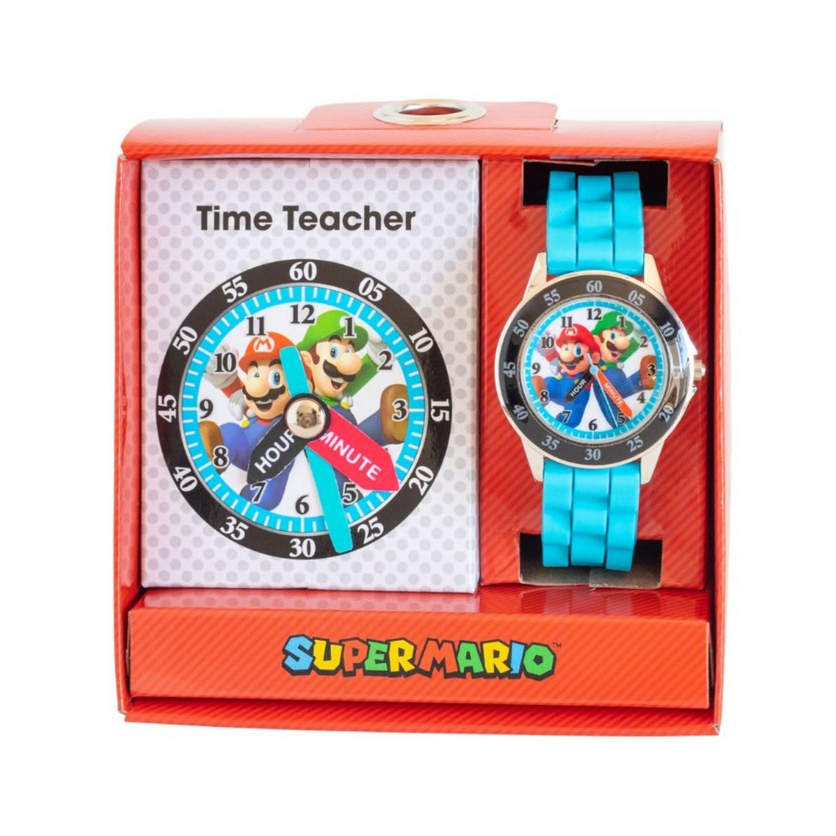 Super Mario kids time teacher watch with blue strap and labelled hour and minute hands. This Super Mario time teacher watch helps kids learn to tell the time with an easy-read analogue dial and clearly labelled hour and minute hands.