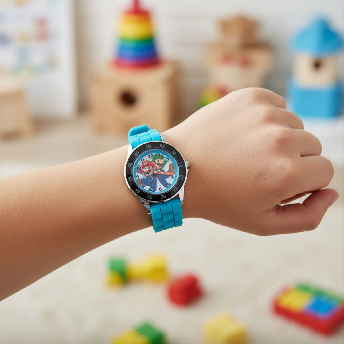 Kids wearing Super Mario time teacher watch designed for learning to tell the time