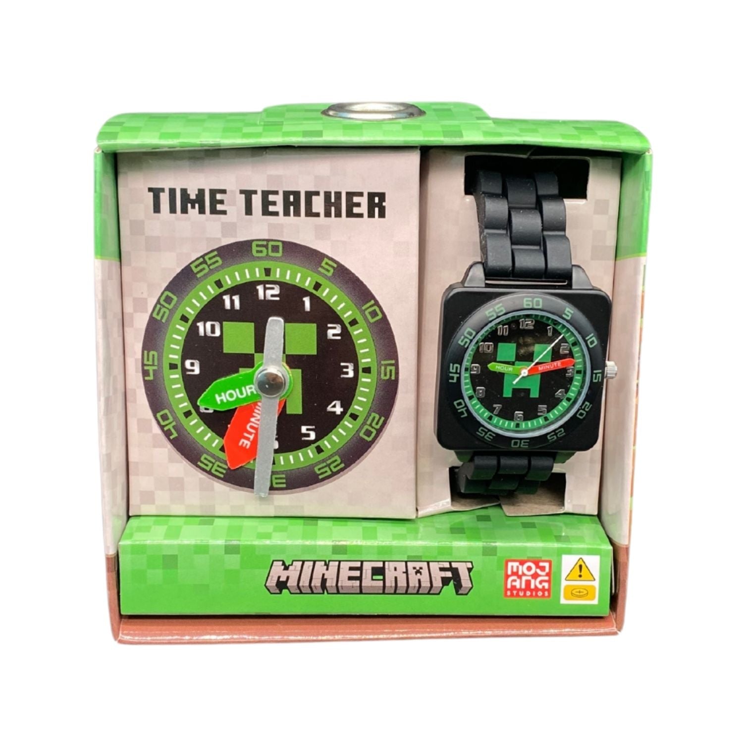 Minecraft kids time teacher watch with black strap and labelled hour and minute hands. This Minecraft time teacher watch helps kids learn to tell the time with an easy-read analogue dial and clearly labelled hour and minute hands.