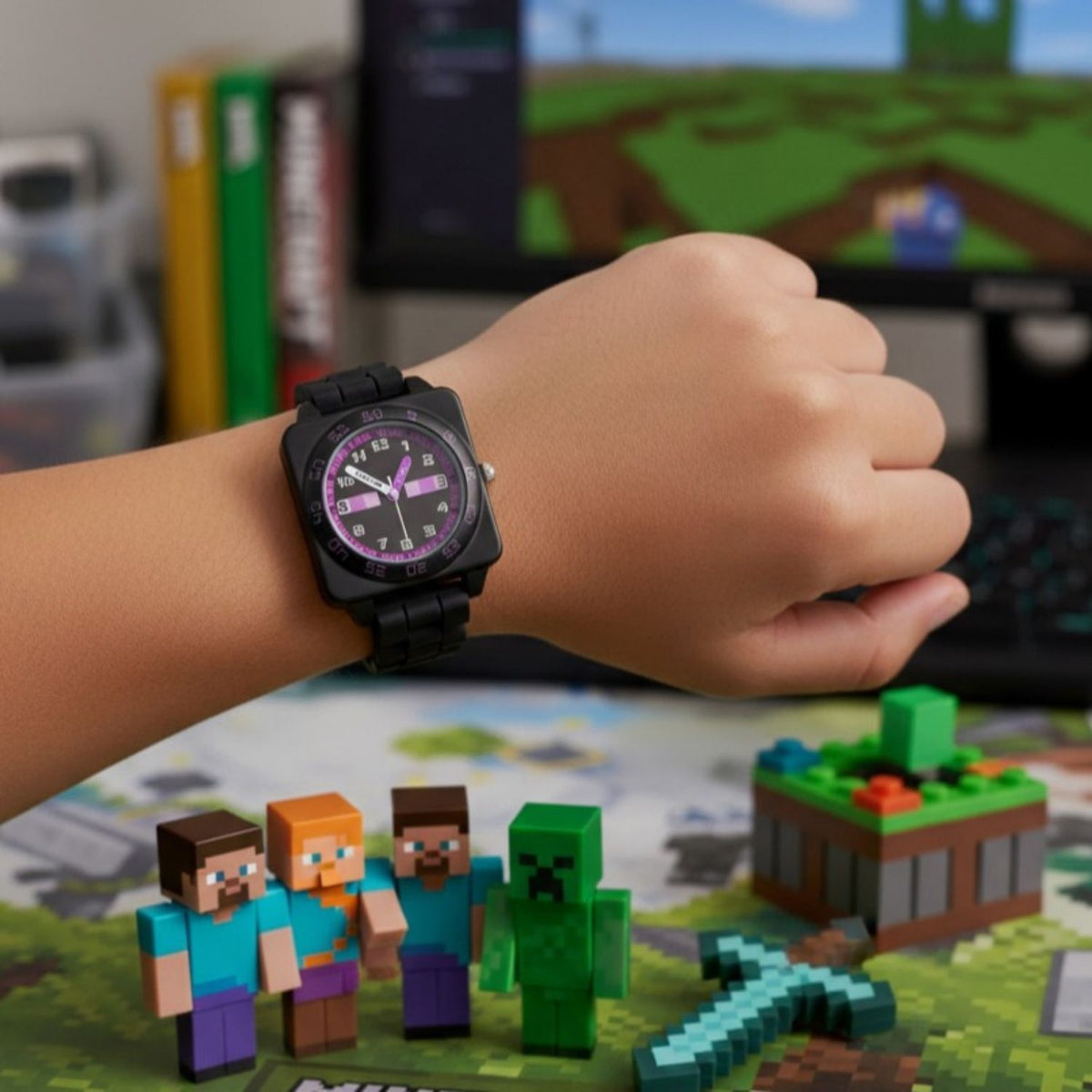 Kids wearing Minecraft Enderman time teacher watch designed for learning to tell the time