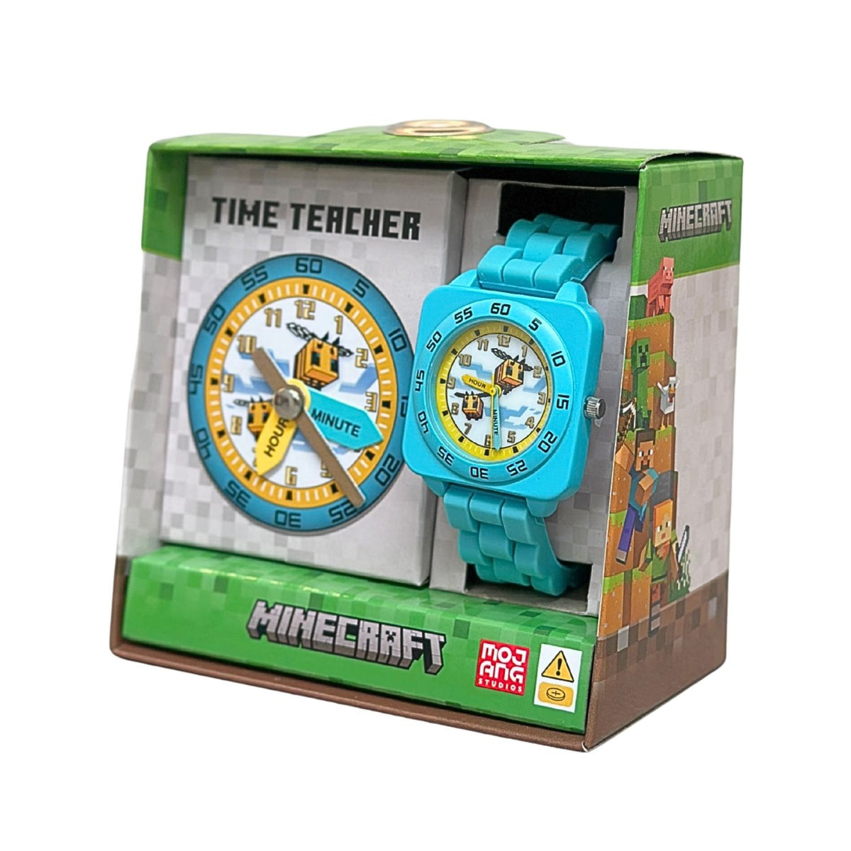 Minecraft Bee kids time teacher watch with blue strap and labelled hour and minute hands. This Minecraft Bee time teacher watch helps kids learn to tell the time with an easy-read analogue dial and clearly labelled hour and minute hands.