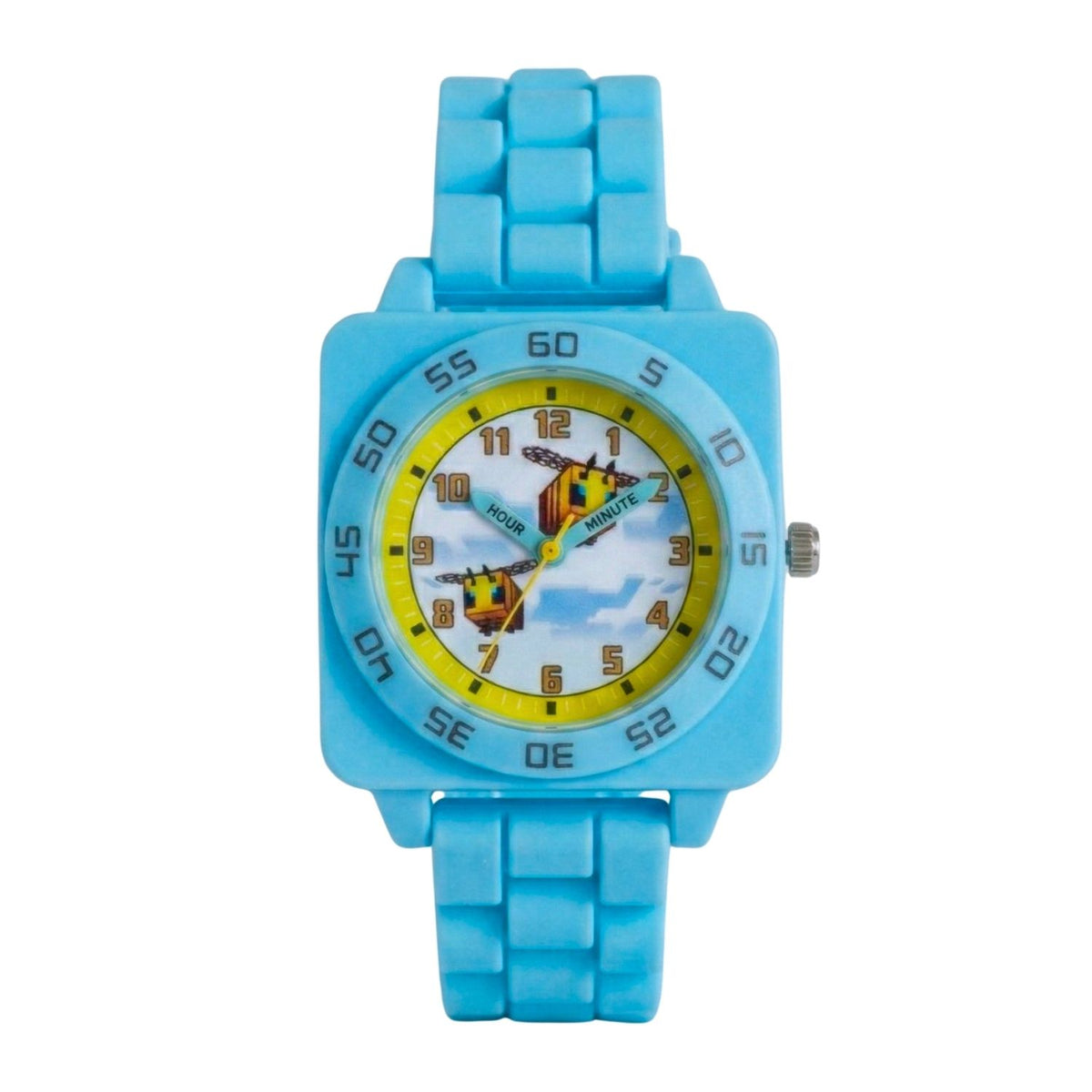 Minecraft Bee kids time teacher watch with labelled hour and minute hands, blue strap and easy read analogue dial. A brilliant educational gift for kids, helping build confidence while learning an essential life skill.