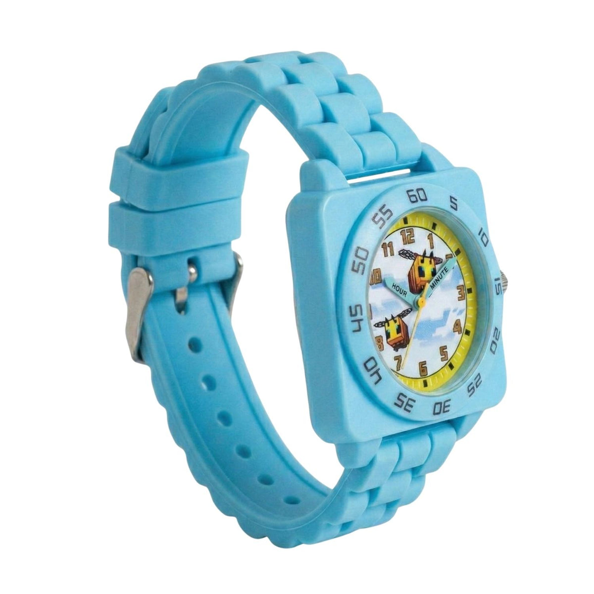 Minecraft Bee kids time teacher watch with labelled hour and minute hands, blue strap and easy read analogue dial. A brilliant educational gift for kids, helping build confidence while learning an essential life skill.