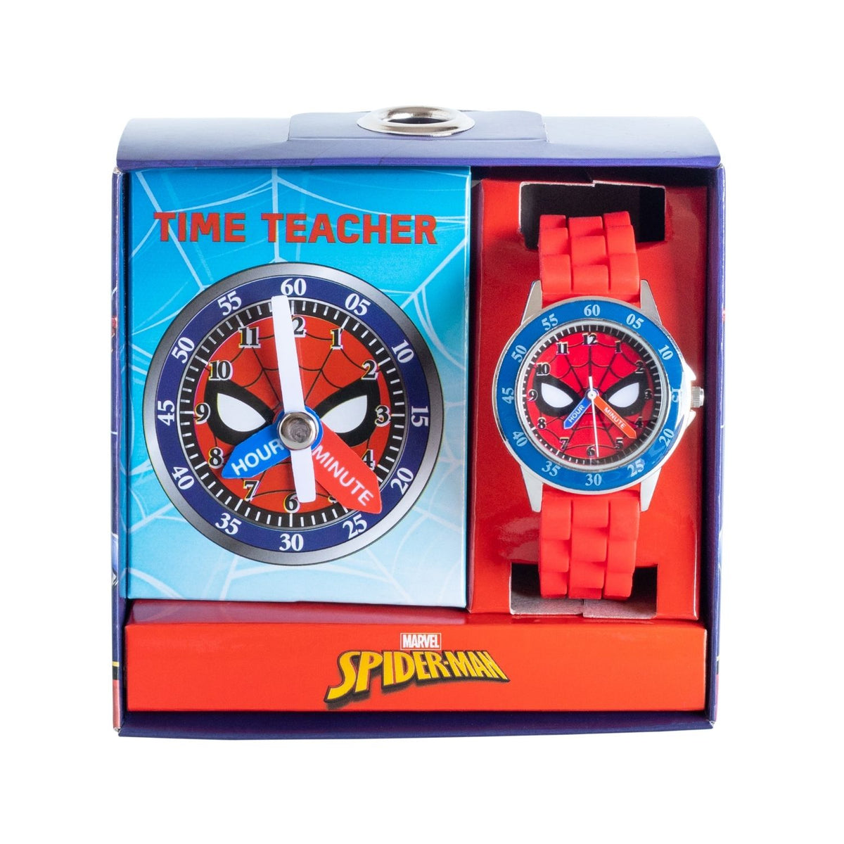 Spiderman kids time teacher watch with red strap and labelled hour and minute hands. This Spiderman time teacher watch helps kids learn to tell the time with an easy-read analogue dial and clearly labelled hour and minute hands.