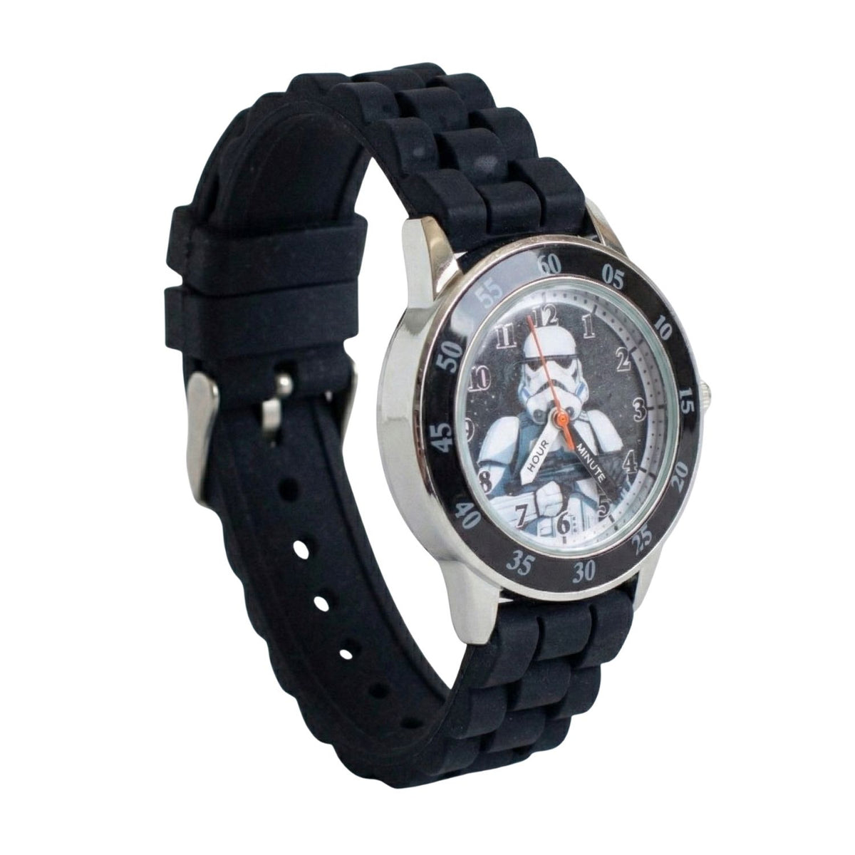 Star Wars Storm Trooper kids time teacher watch with labelled hour and minute hands, black strap and easy read analogue dial. A brilliant educational gift for kids, helping build confidence while learning an essential life skill.
