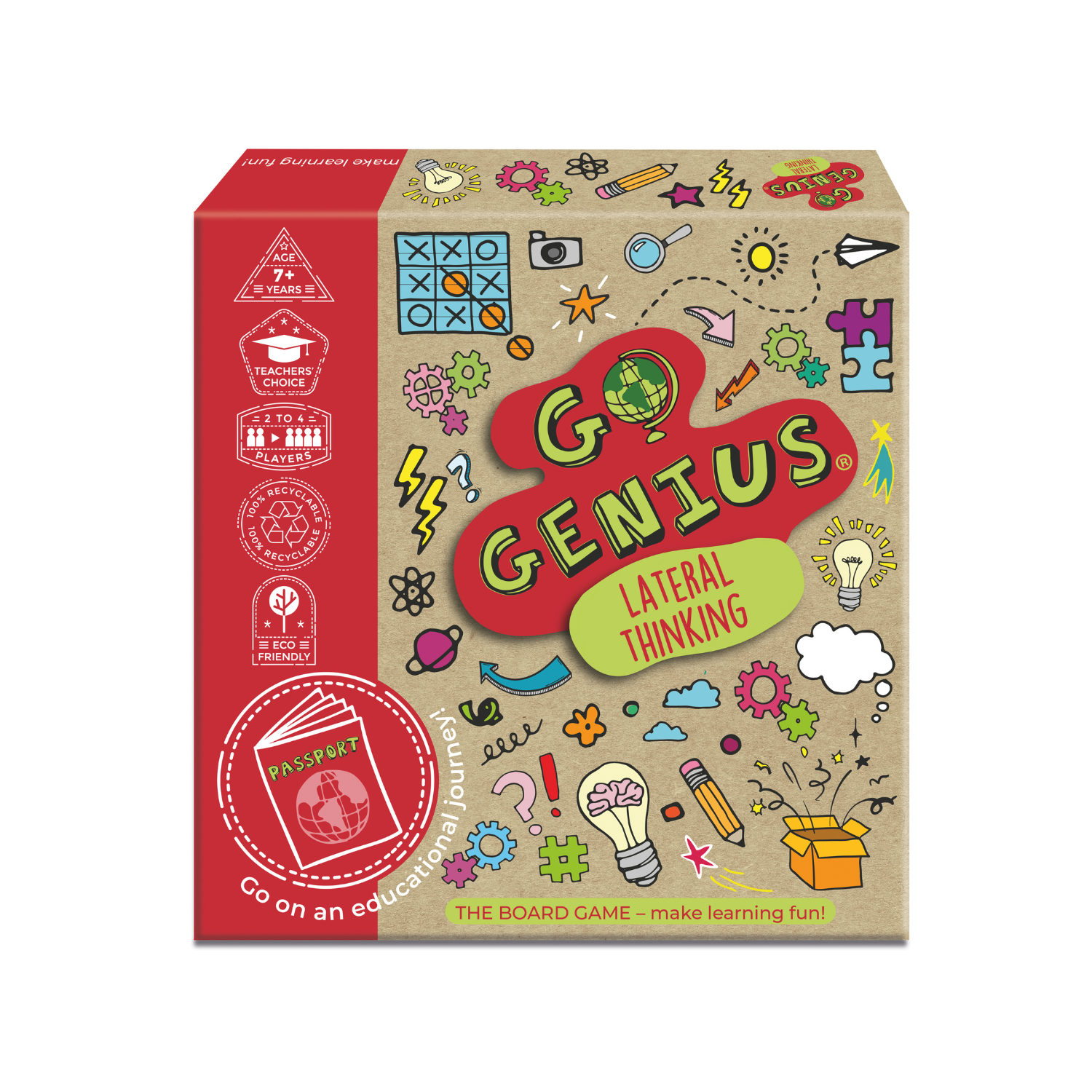 Box of 'Go Genius' lateral thinking board game with colorful graphics and text.