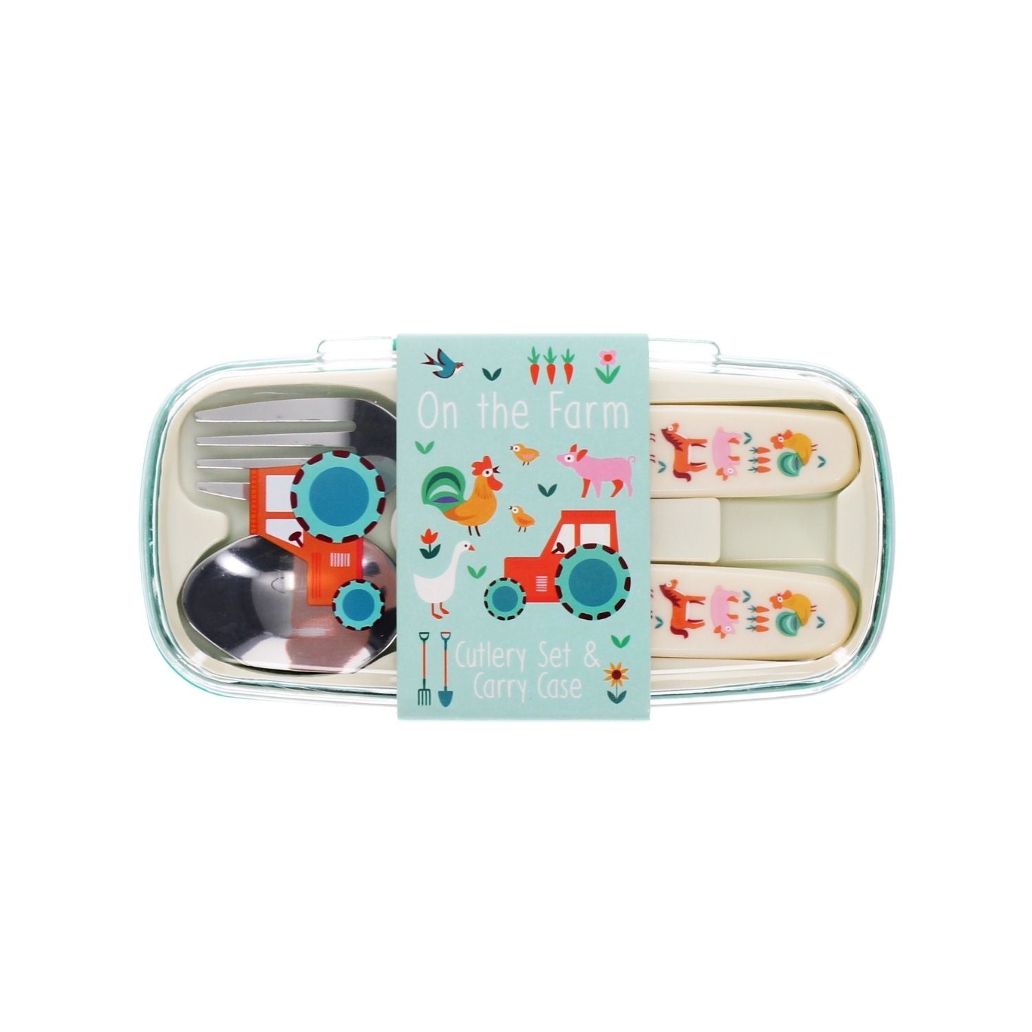 Children's cutlery set with farm-themed design on a white background