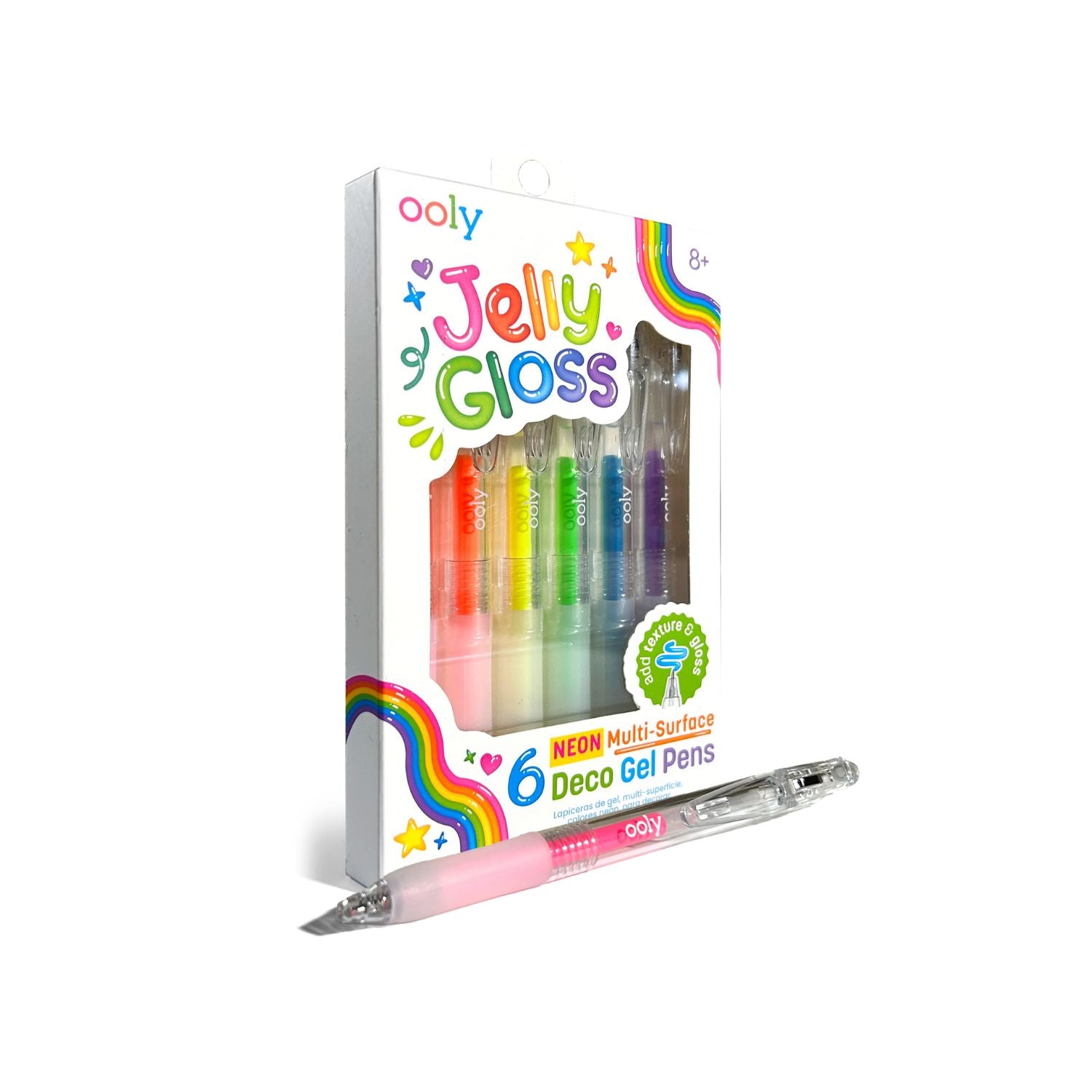 Packaging of Ooly Jelly Gloss Deco Gel Pens with a pen displayed in front on a white background