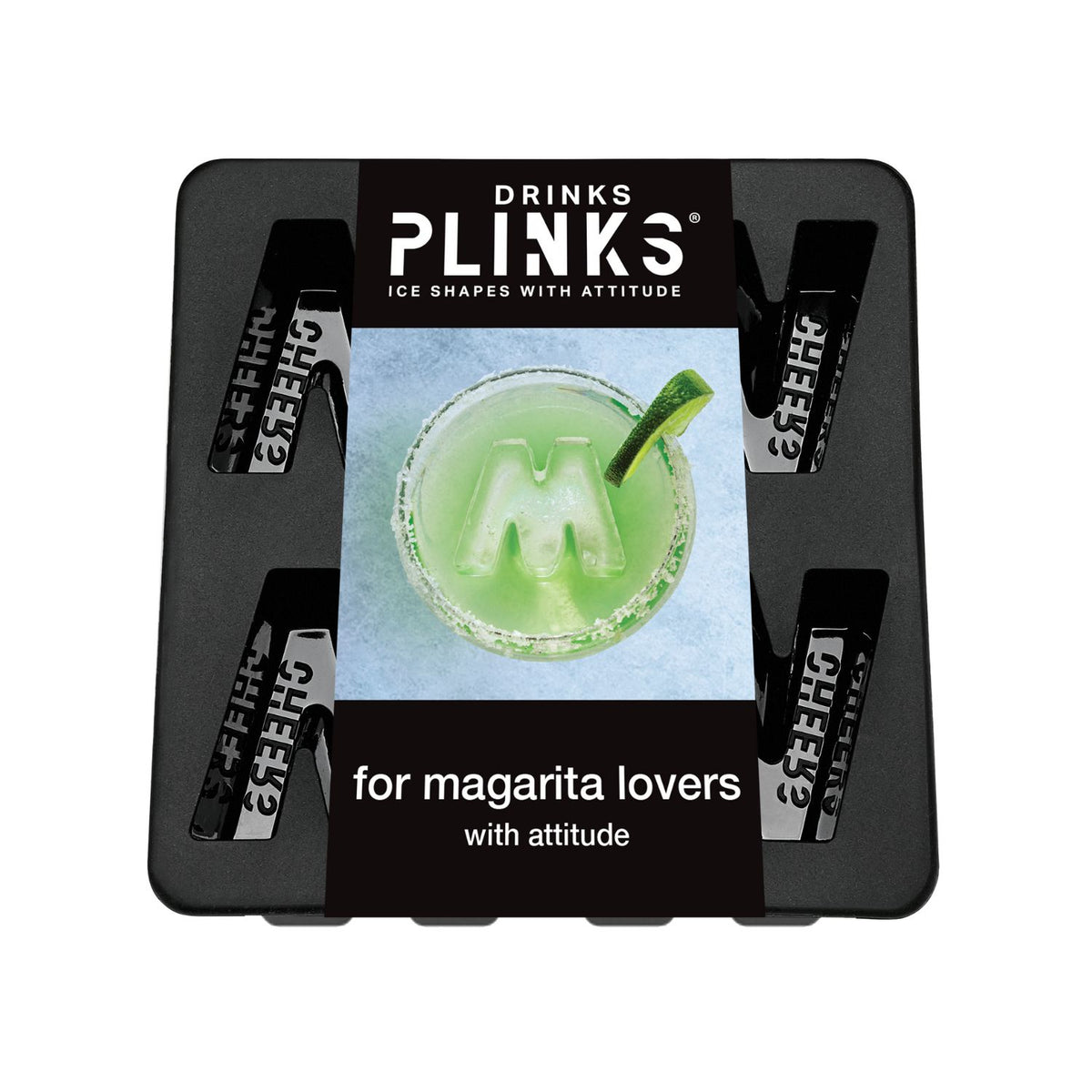 Plinks ice cube tray packaging with a green ice cube and straw on a white background