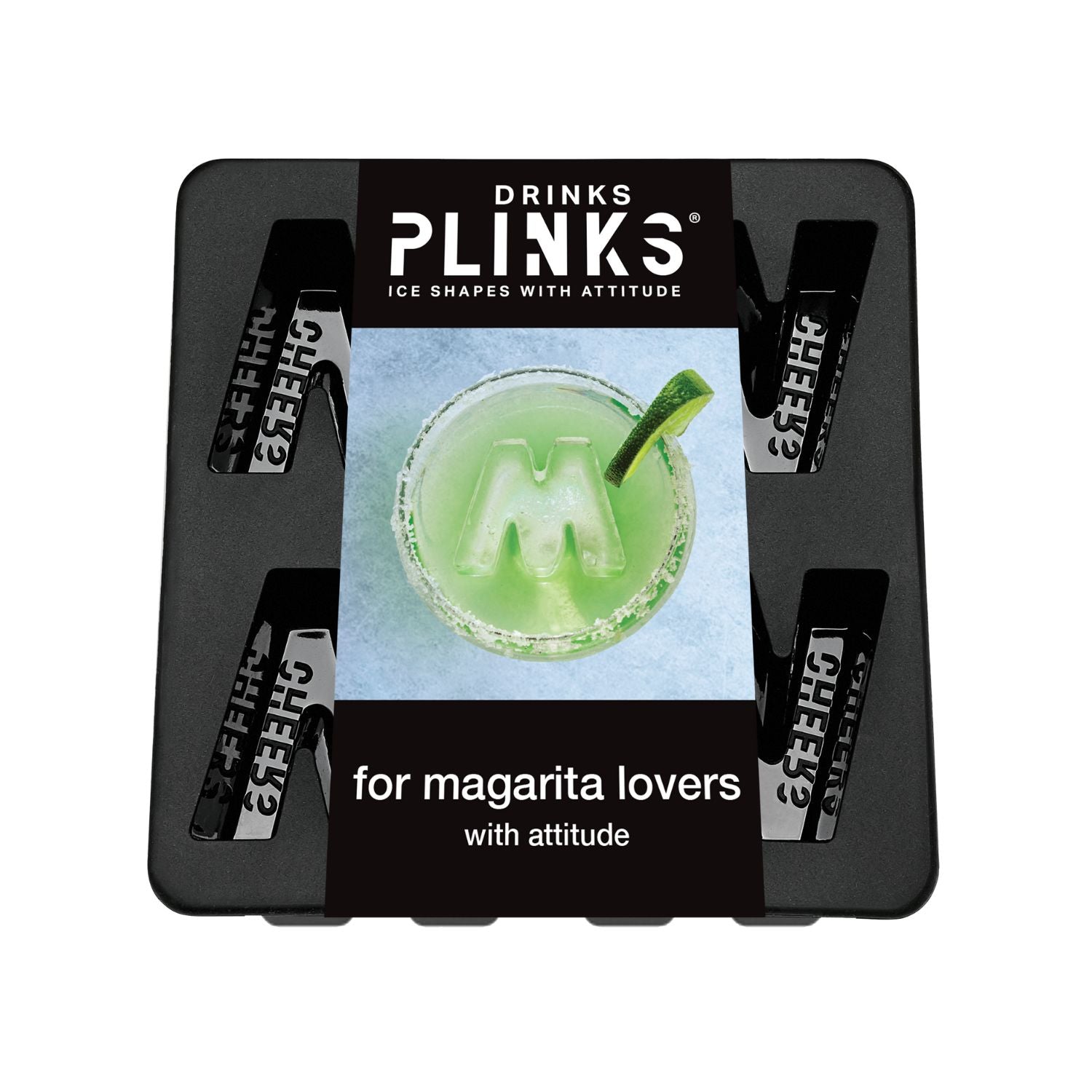 Plinks ice cube tray packaging with a green ice cube and straw on a white background