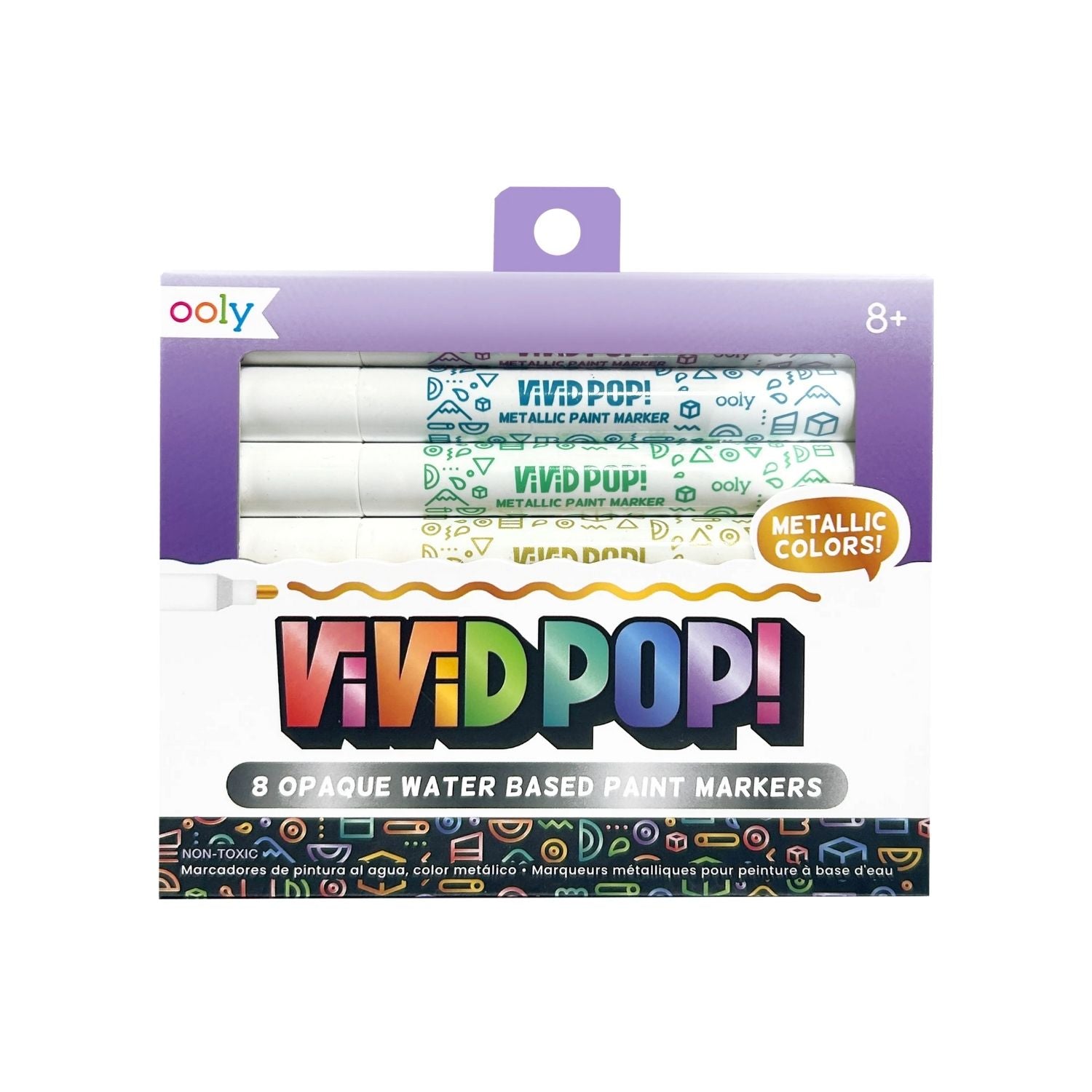 Packaging for Vivid Pop! Water Based Paint Markers Metallic, displaying 8 markers with metallic colors, designed for use on various surfaces.