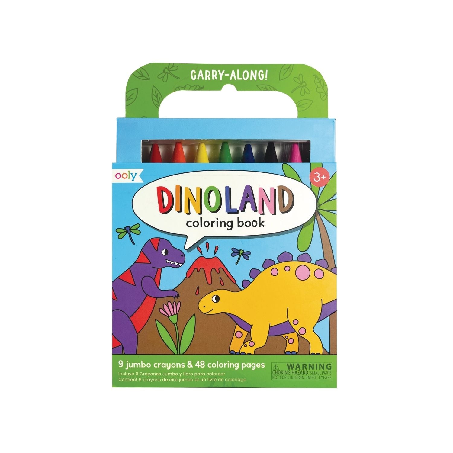 A carry along coloring book and crayon set with a Dinoland theme, featuring 9 jumbo crayons and 48 dinosaur-themed coloring pages packaged in a green and blue box with illustrations of colorful dinosaurs.
