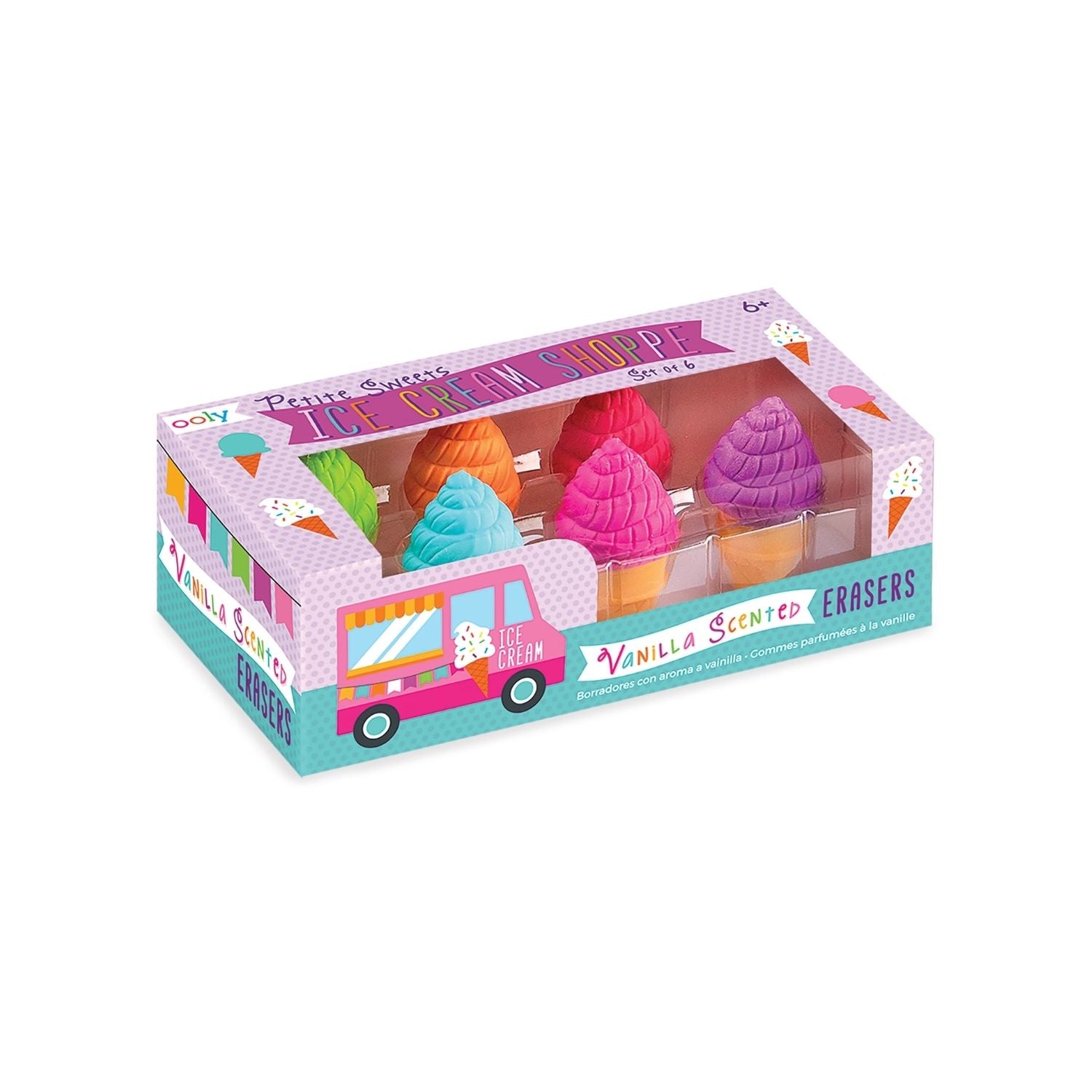A package of Petite Sweets Ice Cream Shoppe Scented Erasers with three erasers visible, resembling different flavors of ice cream cones, displayed in a pink and purple box designed to look like an ice cream truck.