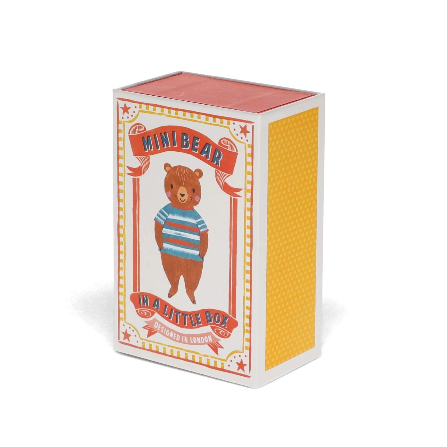 A small soft toy bear in a stripy top, tucked up in a polka dot blanket, inside a matchbox-style gift box with the text 'Mini Bear in a Little Box' on the front.