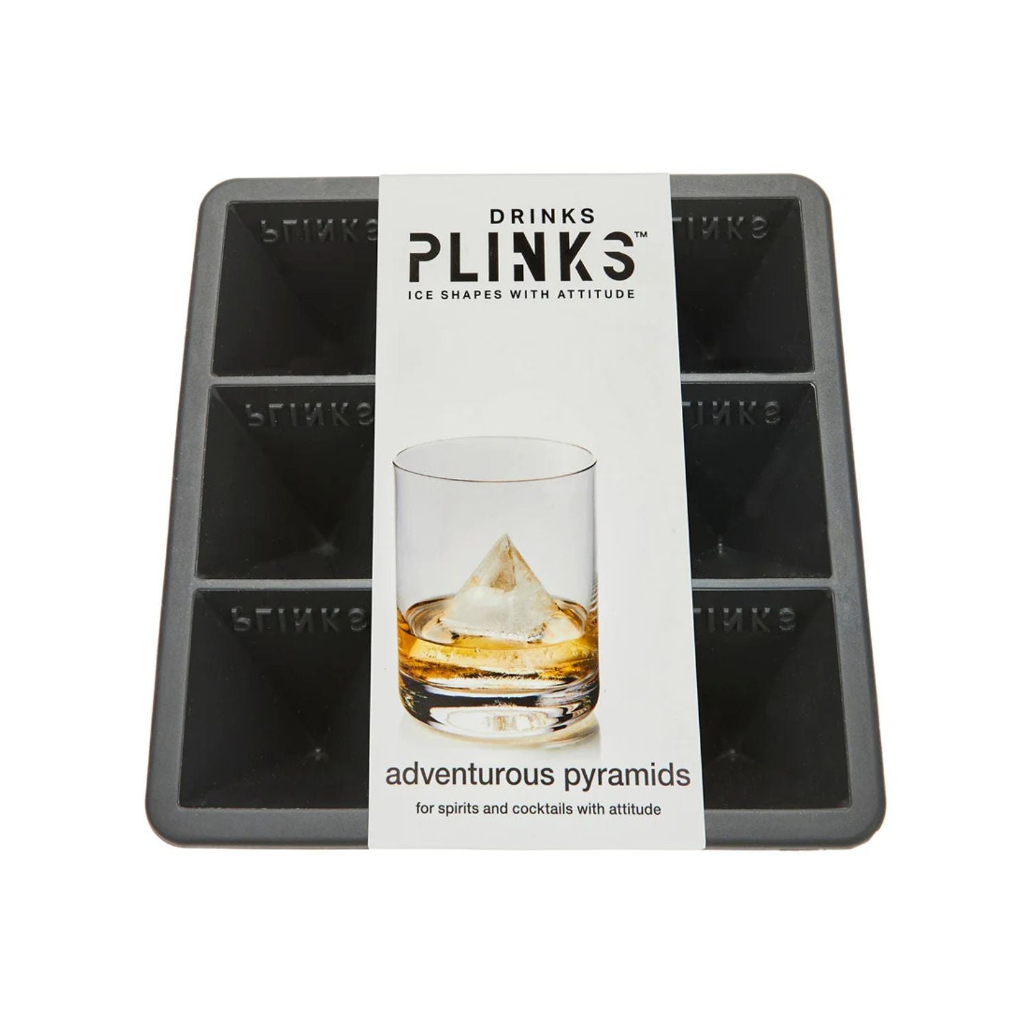 Silicone ice cube tray with 'Plinks' branding and a glass of whiskey with a diamond ice cube.