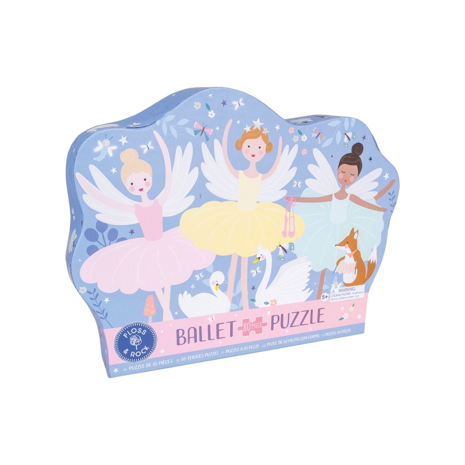 A puzzle box with a fairy tale theme featuring ballet dancers and forest animals, with a shiny foiled finish.
