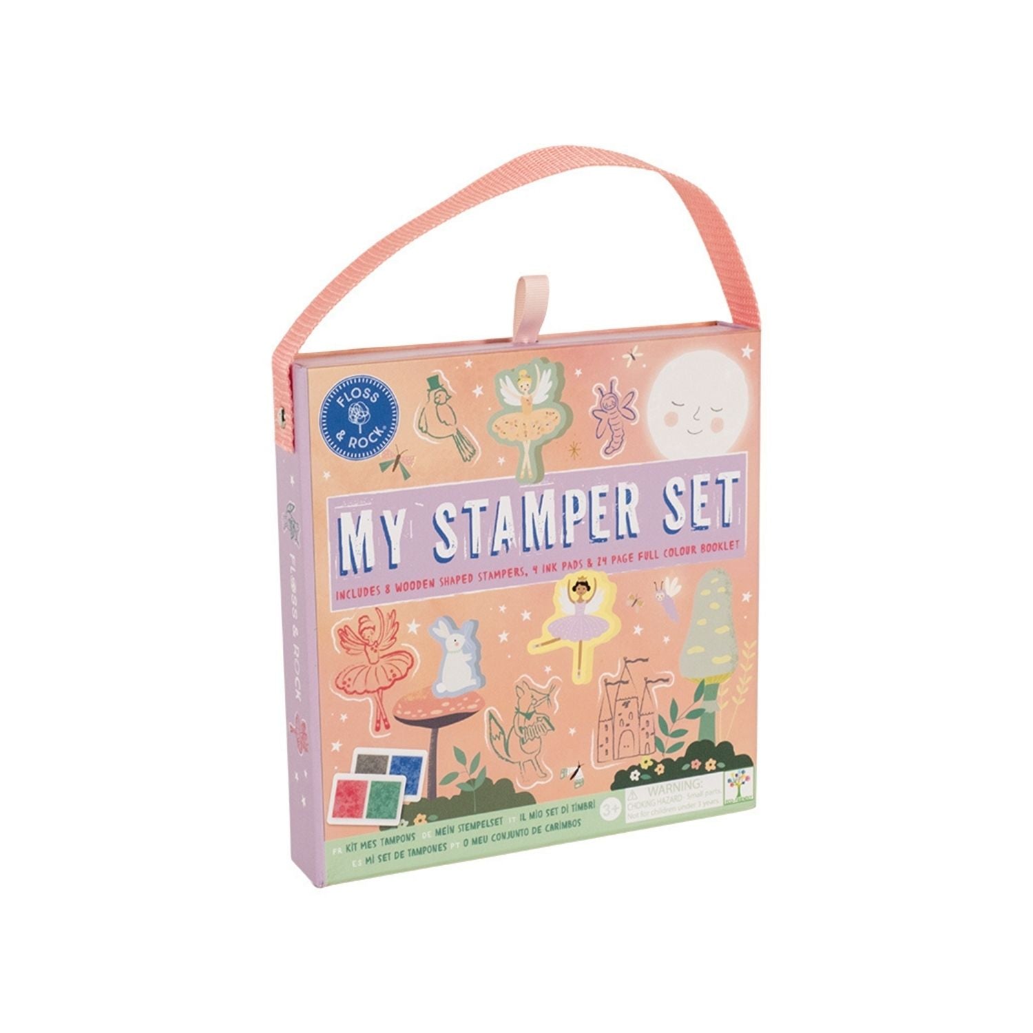 A 'My Stamper Set' by Floss & Rock, which includes a variety of wooden stampers, colored ink pads, and a story booklet, packaged in a pink and green box with a carry handle.