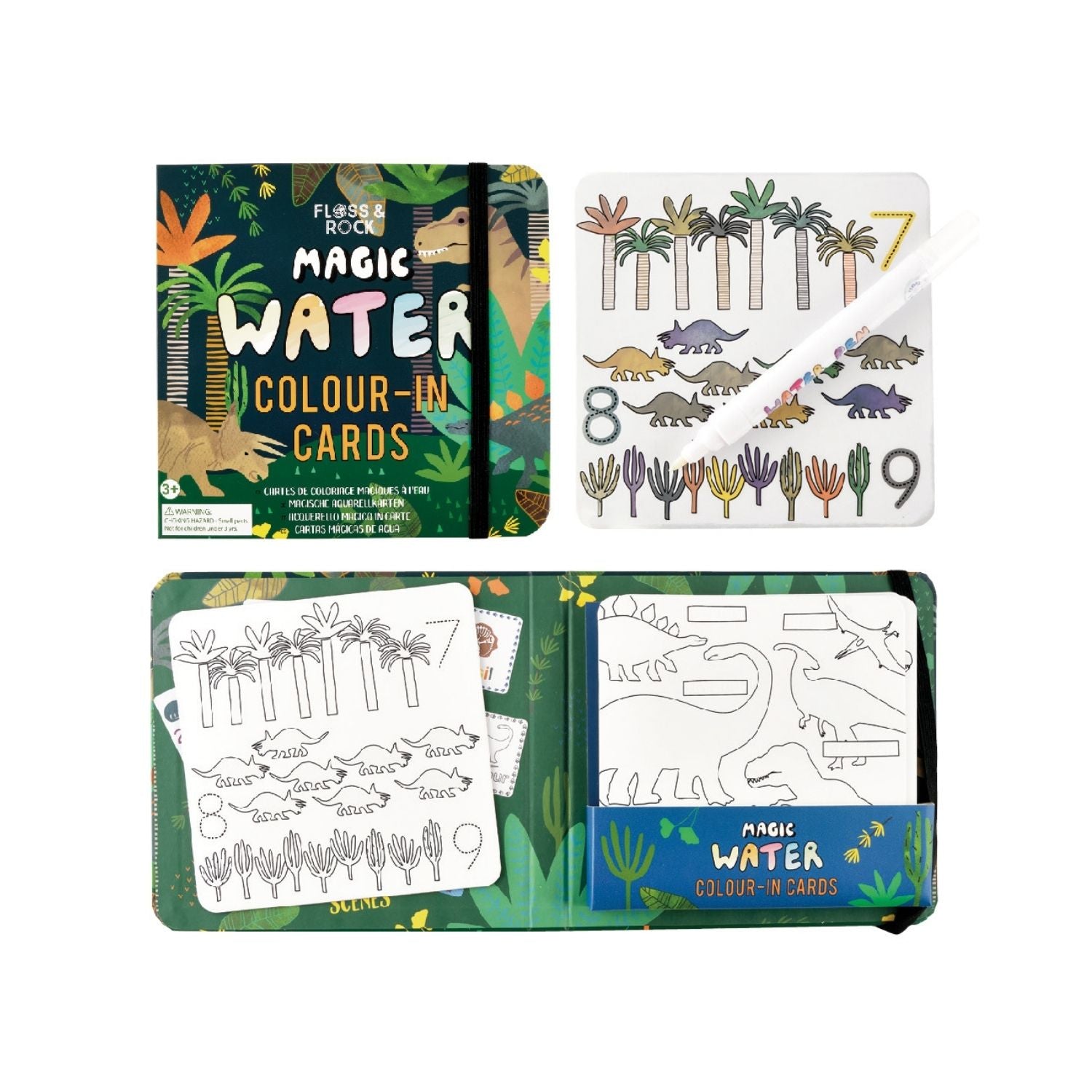Magic water colour-in cards with dinosaur designs on a white background