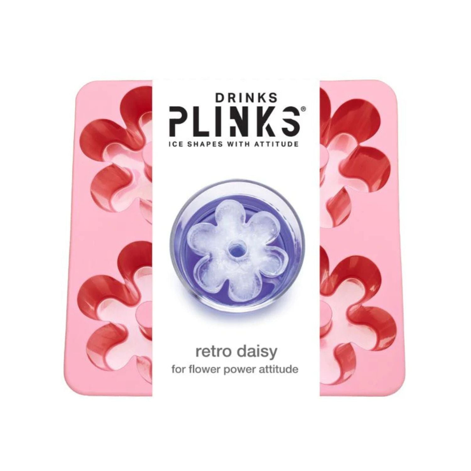 Plinks ice shape with retro daisy design on a pink background