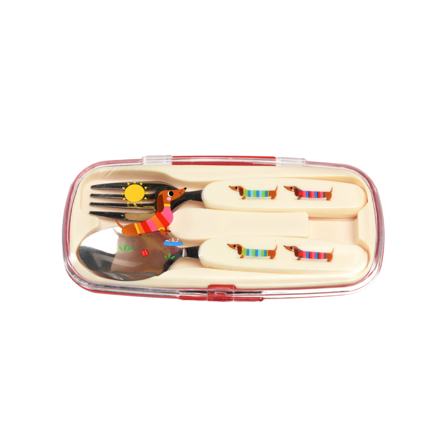 Set of kids sausage dog cutlery in a colorful case on a white background