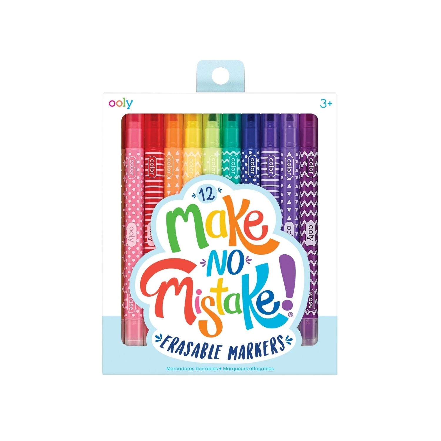 A pack of 12 'Make No Mistake' erasable markers by ooly, with markers displaying colorful patterns and the branding visible on the packaging.
