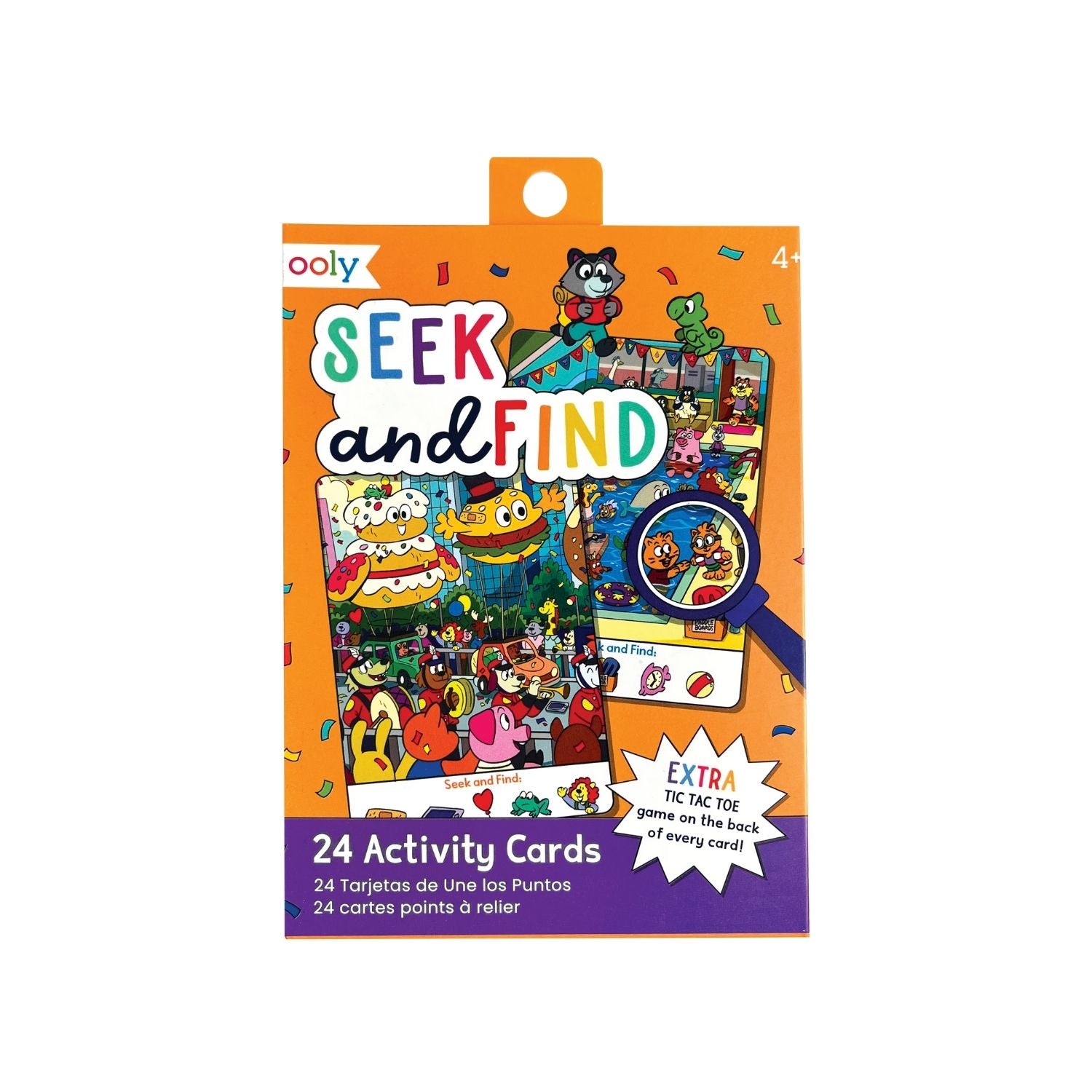 Packaging for OOLY Seek & Find Activity Cards featuring illustrations of colorful characters and scenes on orange background, with text detailing the product name and age suitability.