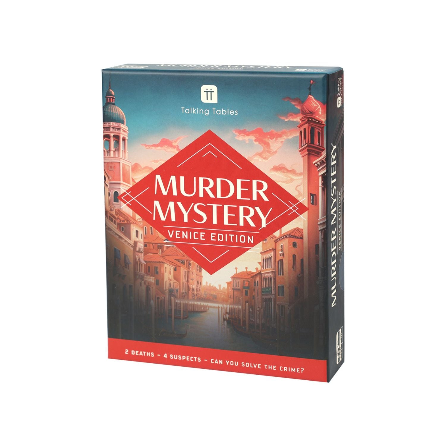 Board game box for 'Murder Mystery Venice Edition' by Talking Tables on a white background