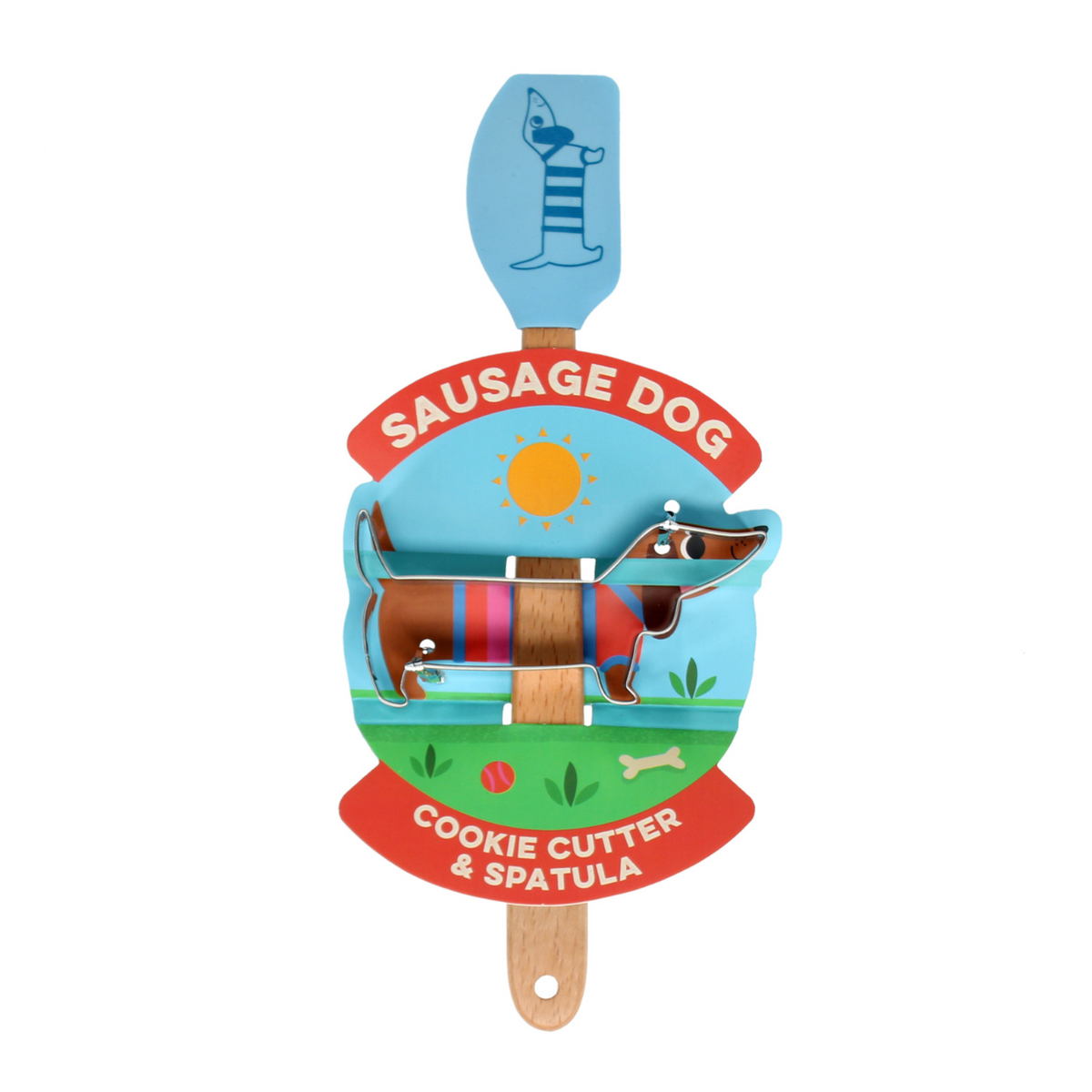 Sausage dog-themed cookie cutter and spatula set on a white background