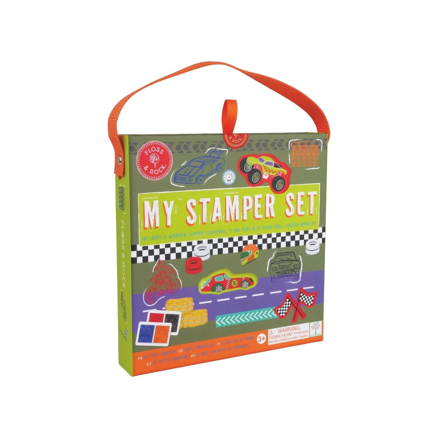 Packaging for 'My Stamper Set' showing various colorful stamps and ink pads, designed for children's arts and crafts.