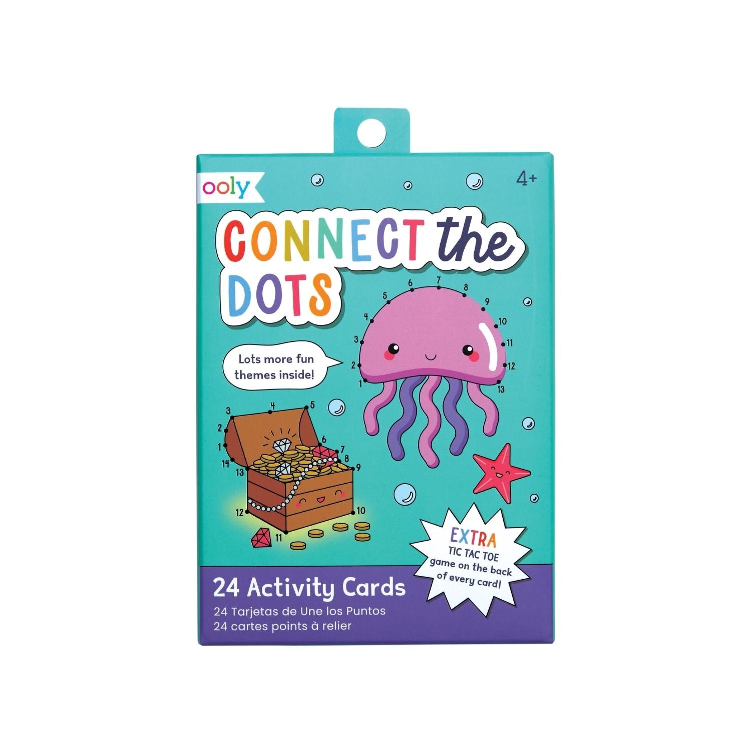 Packaging for 'Connect The Dots' activity cards by OOLY, displaying the product name and an illustration of a jellyfish and a pirate chest with a star on the front.